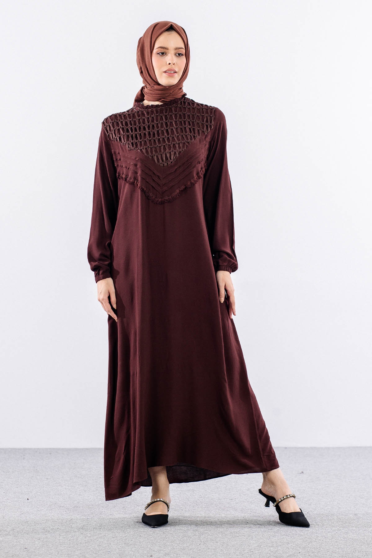 562 Elbise 1-2-3 Fıle Garnı & Nervur Detay Vıscon - Kahve - 1