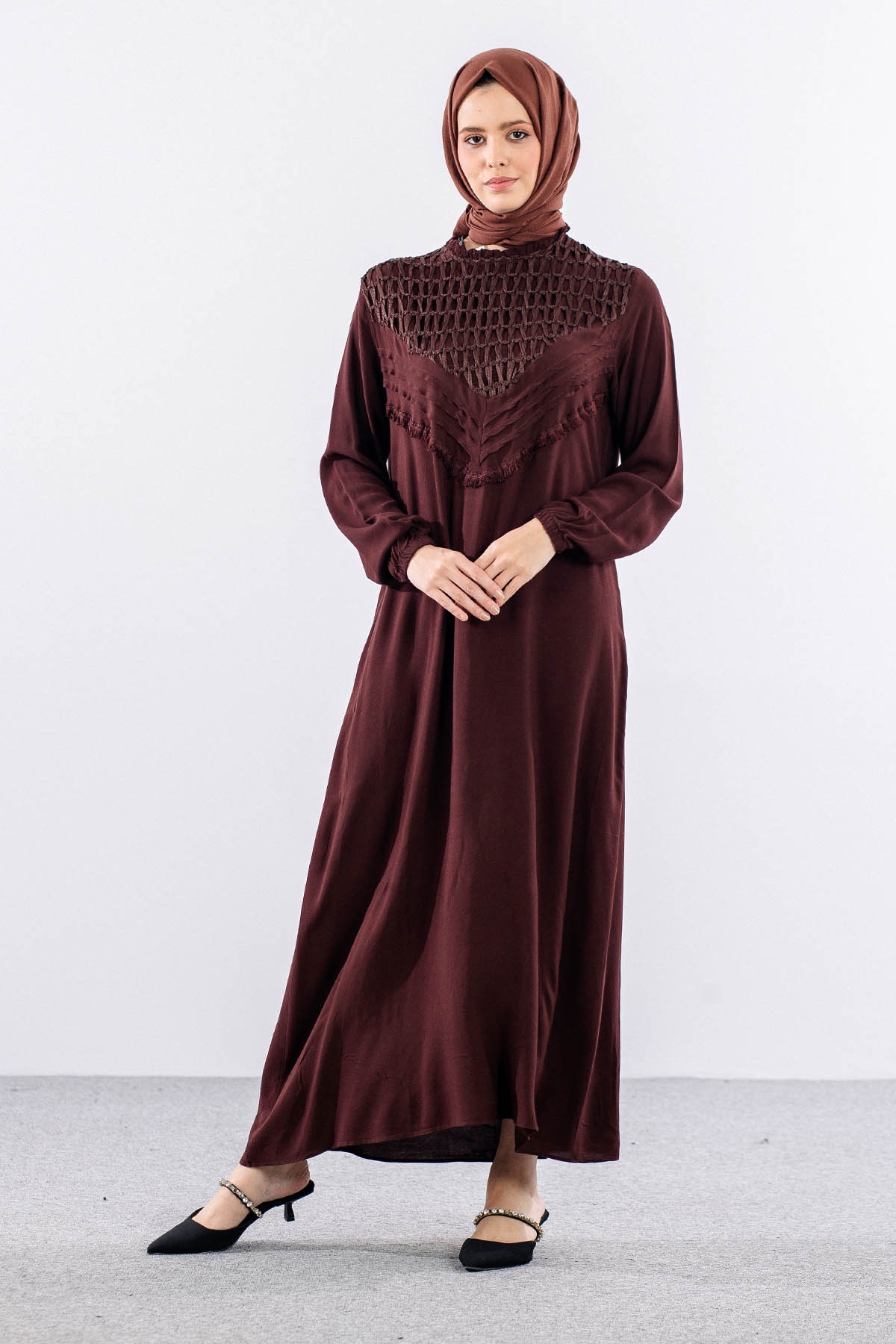 562 Elbise 1-2-3 Fıle Garnı & Nervur Detay Vıscon - Kahve - 2