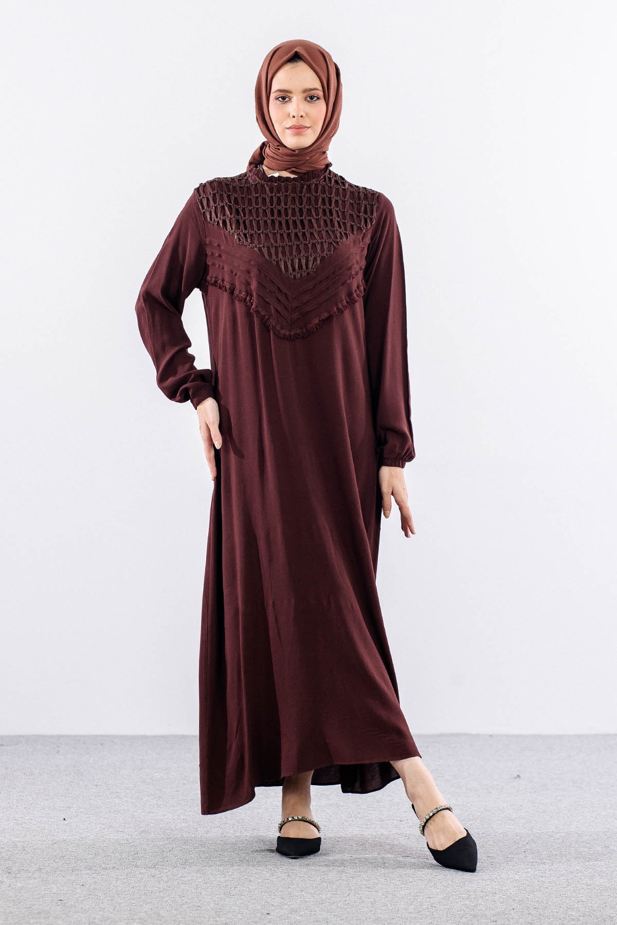 562 Elbise 1-2-3 Fıle Garnı & Nervur Detay Vıscon - Kahve - 3