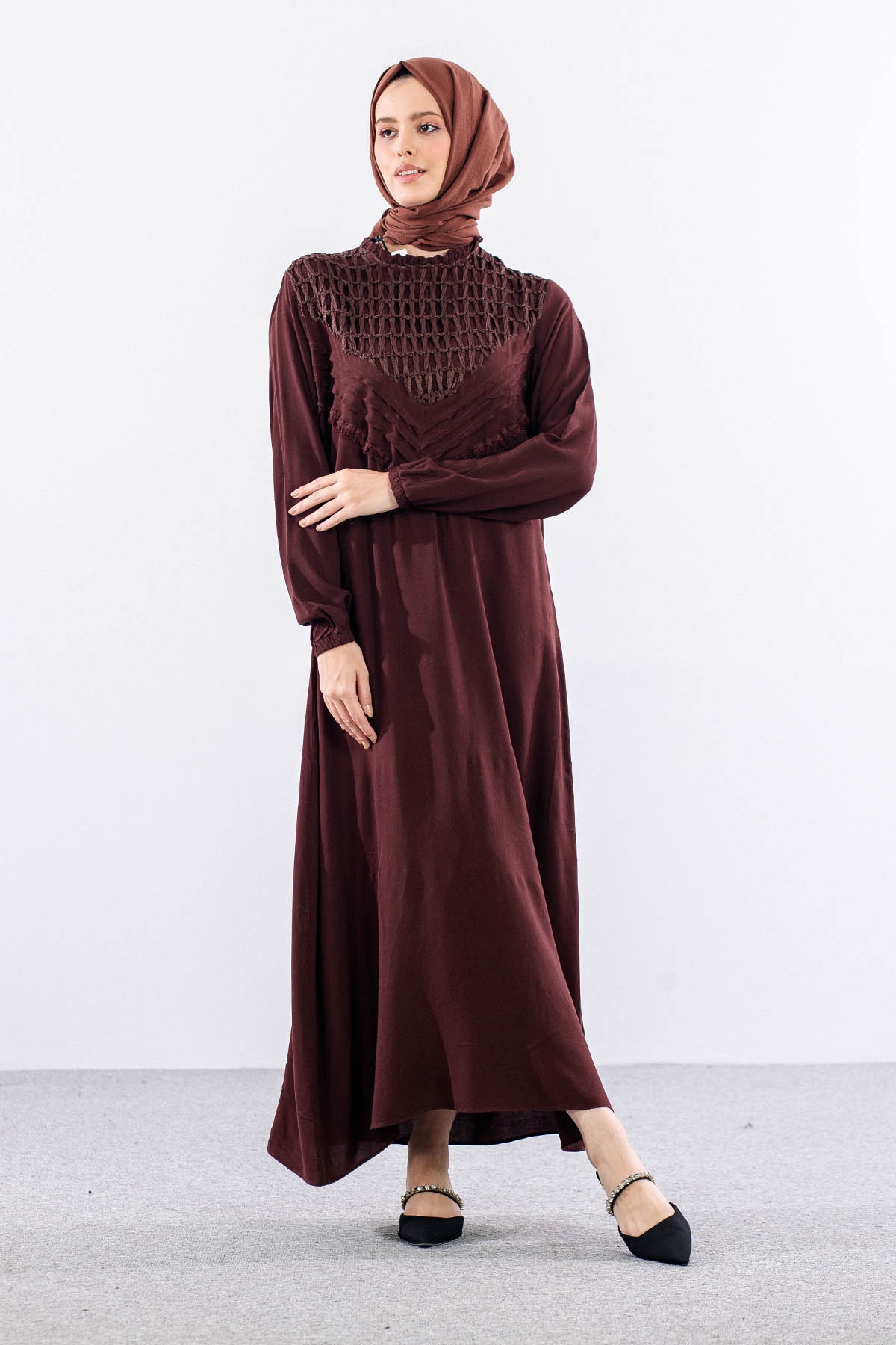 562 Elbise 1-2-3 Fıle Garnı & Nervur Detay Vıscon - Kahve - 4