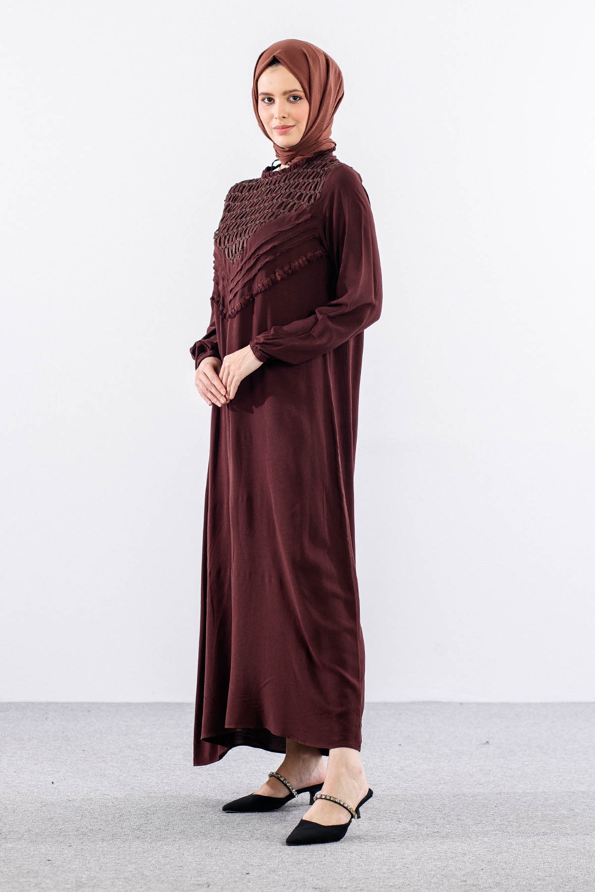 562 Elbise 1-2-3 Fıle Garnı & Nervur Detay Vıscon - Kahve - 5