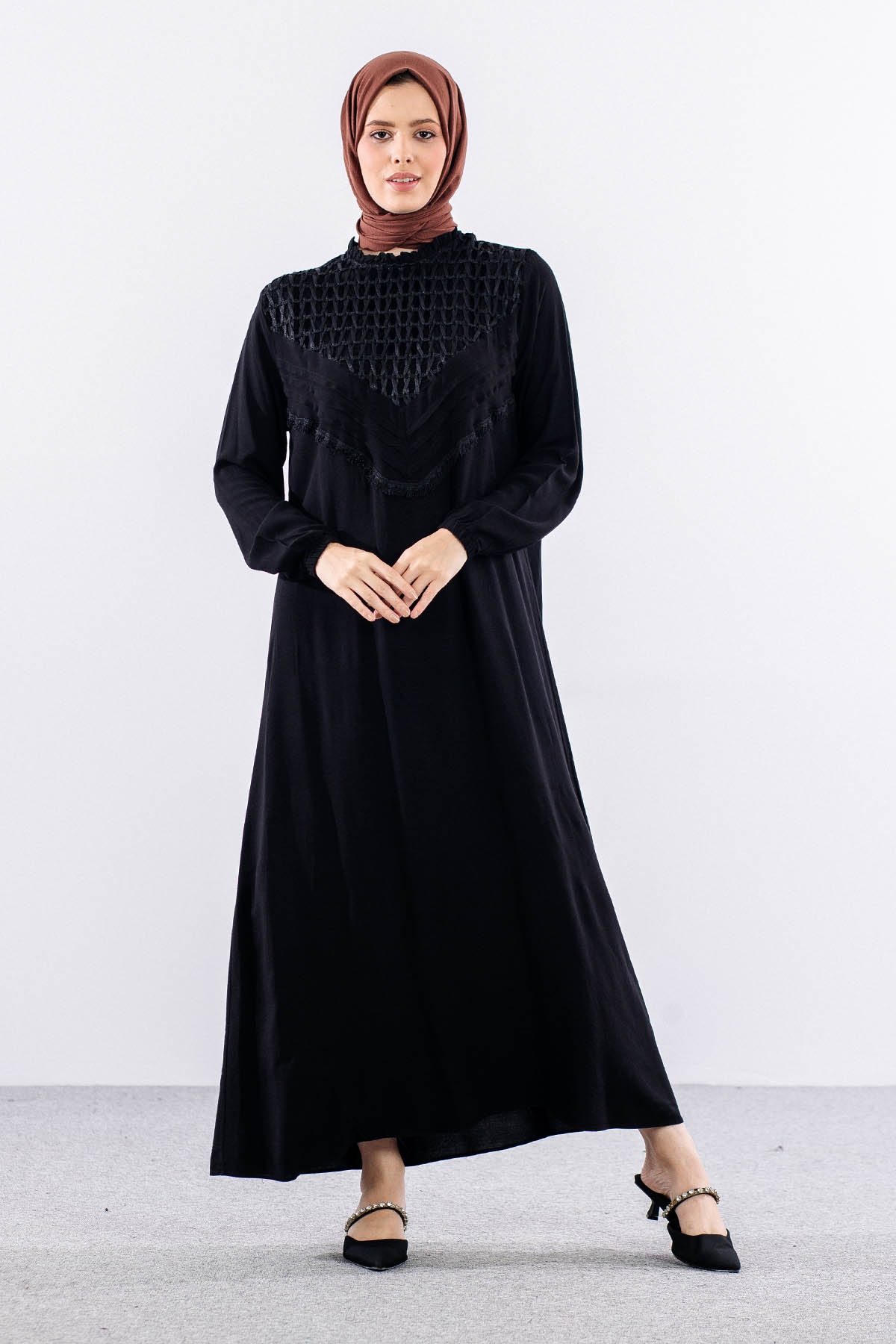 562 Elbise 1-2-3 Fıle Garnı & Nervur Detay Vıscon - Siyah - 1