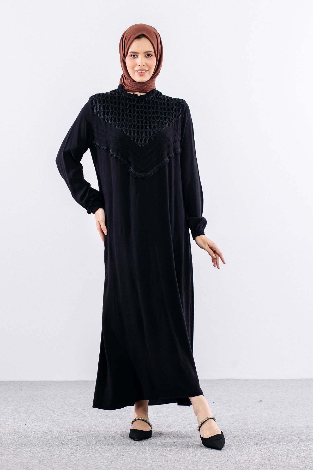 562 Elbise 1-2-3 Fıle Garnı & Nervur Detay Vıscon - Siyah - 2