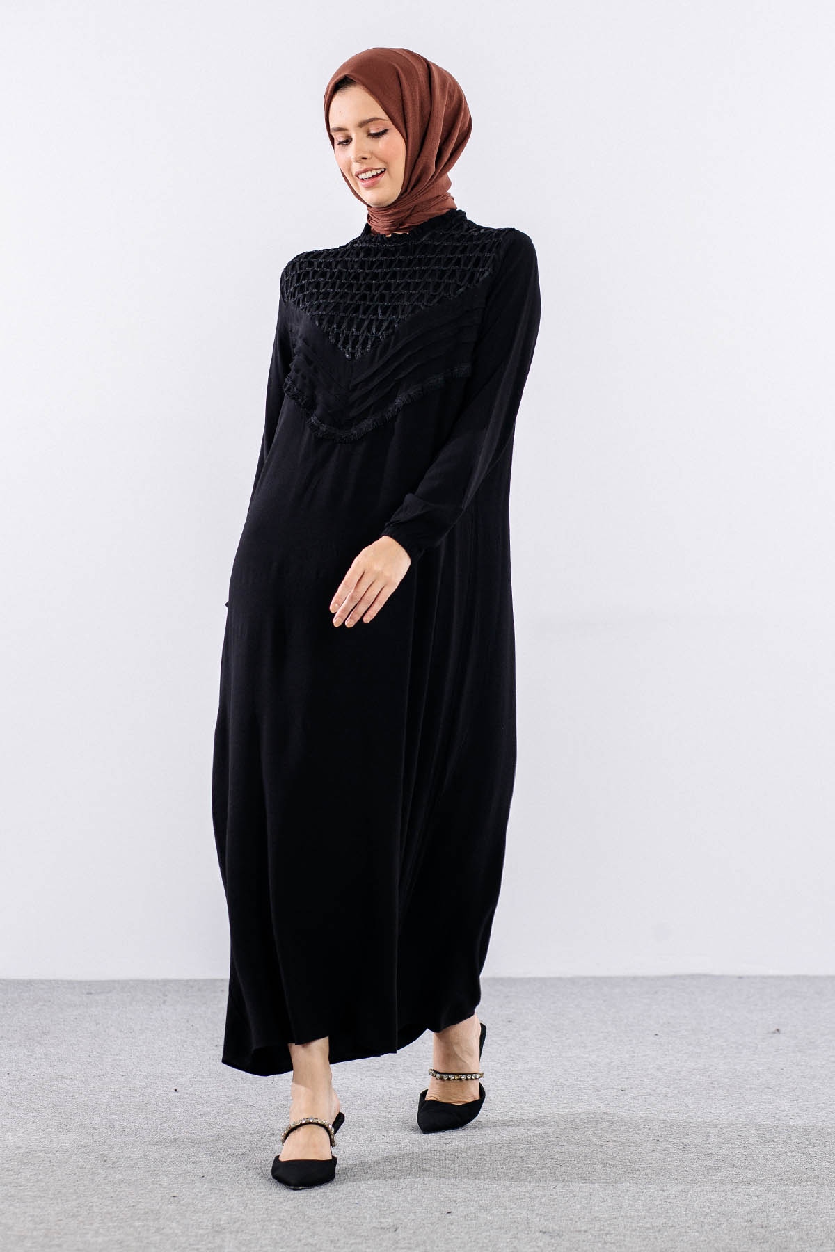 562 Elbise 1-2-3 Fıle Garnı & Nervur Detay Vıscon - Siyah - 3