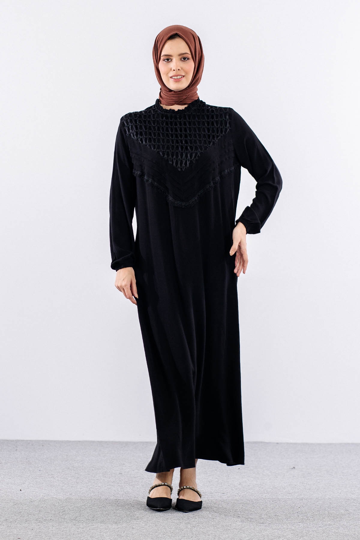 562 Elbise 1-2-3 Fıle Garnı & Nervur Detay Vıscon - Siyah - 4