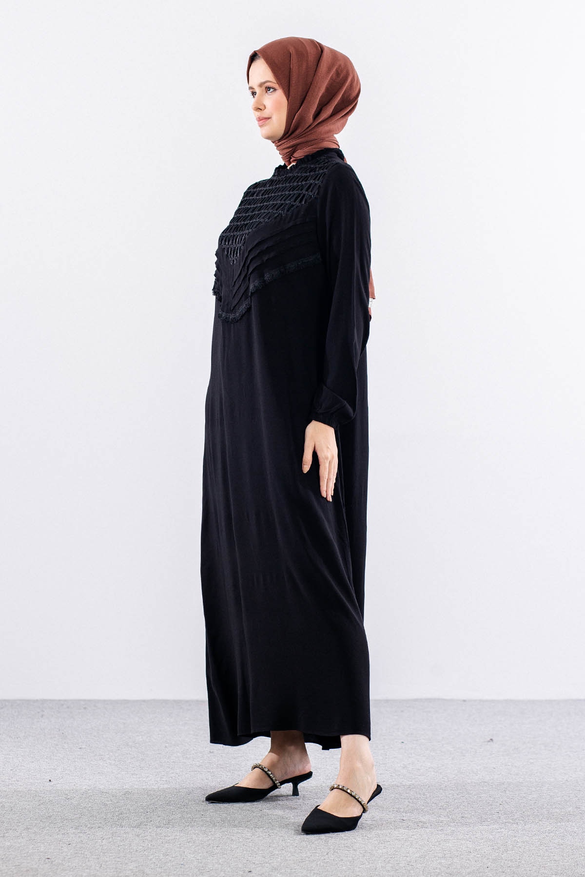 562 Elbise 1-2-3 Fıle Garnı & Nervur Detay Vıscon - Siyah - 5