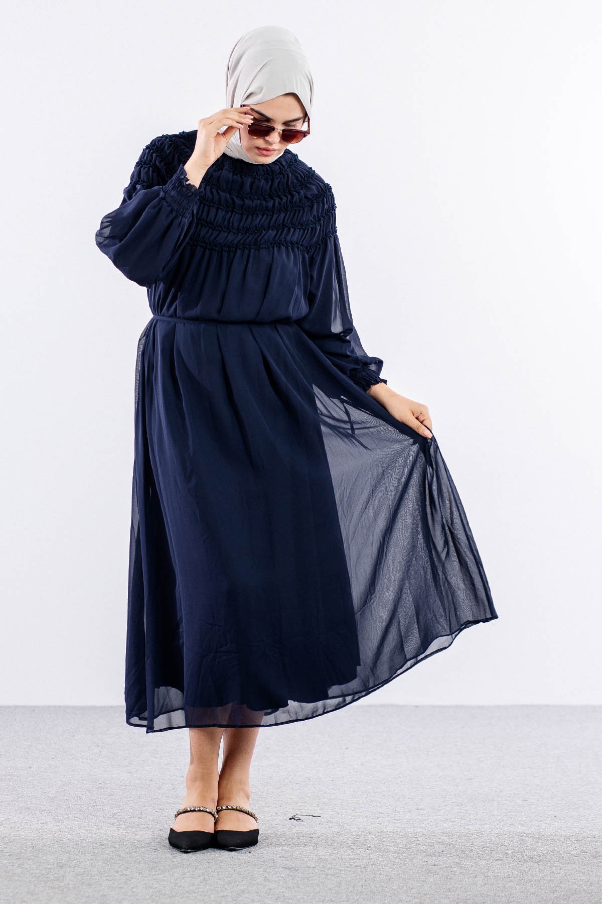 5708 şifon Elbise 1-2 - Lacivert - 1