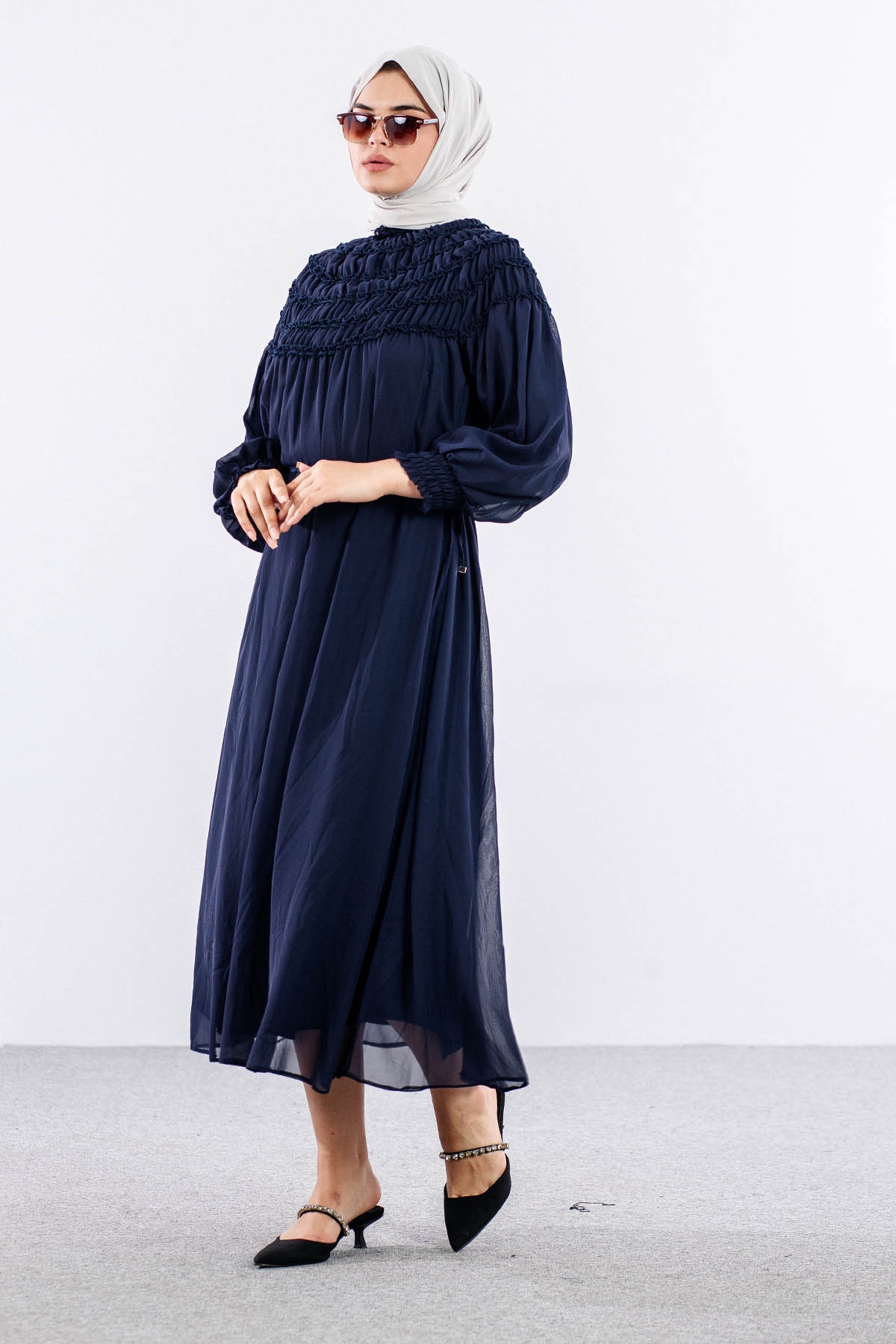 5708 şifon Elbise 1-2 - Lacivert - 3