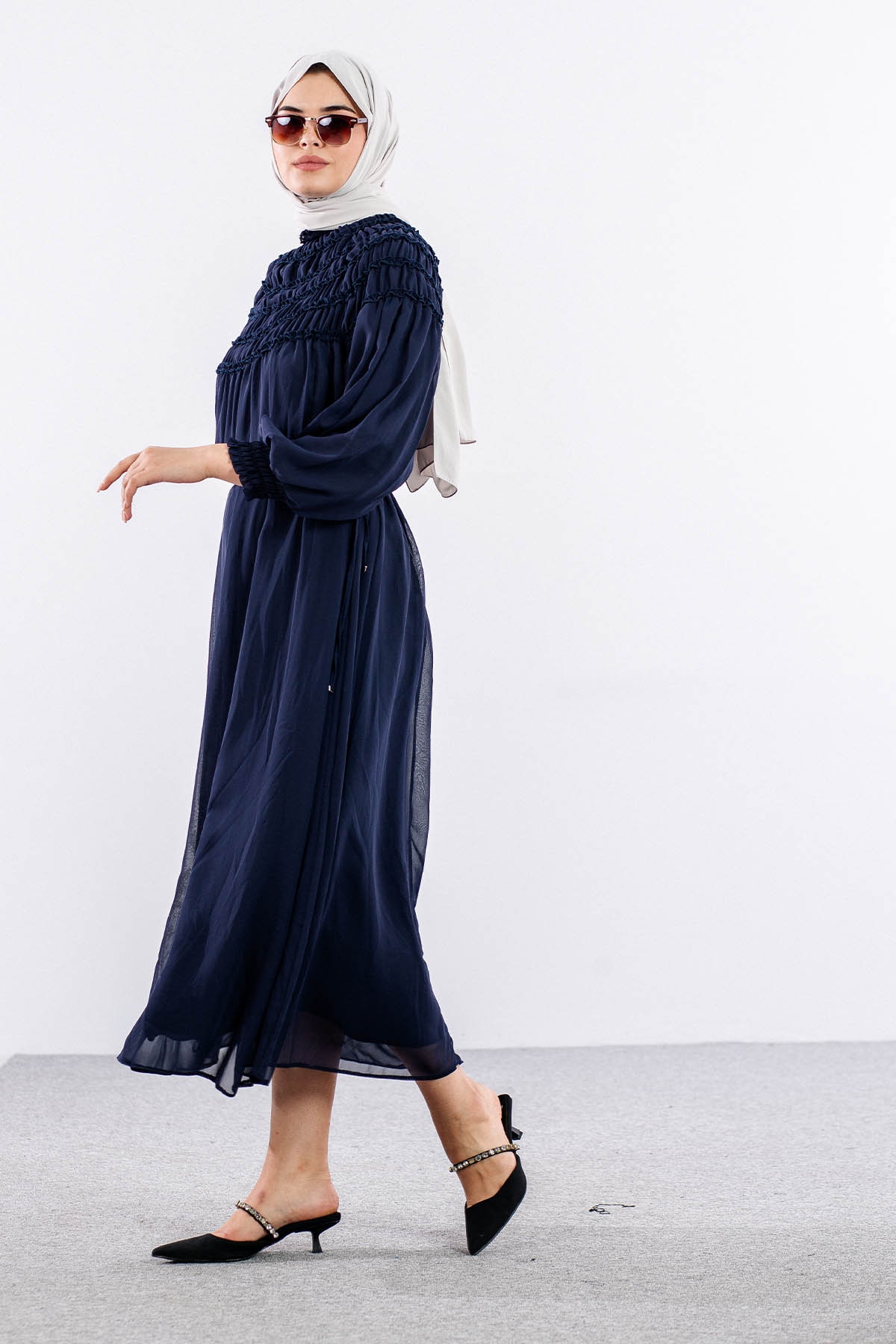 5708 şifon Elbise 1-2 - Lacivert - 4