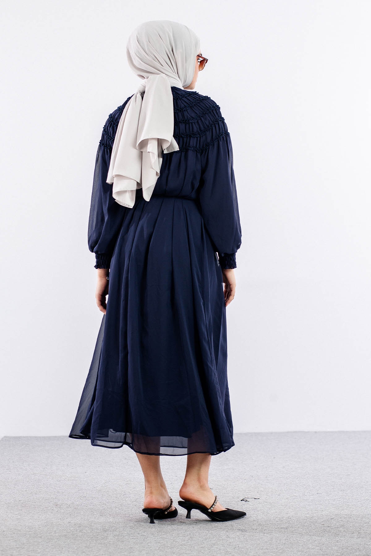 5708 şifon Elbise 1-2 - Lacivert - 5