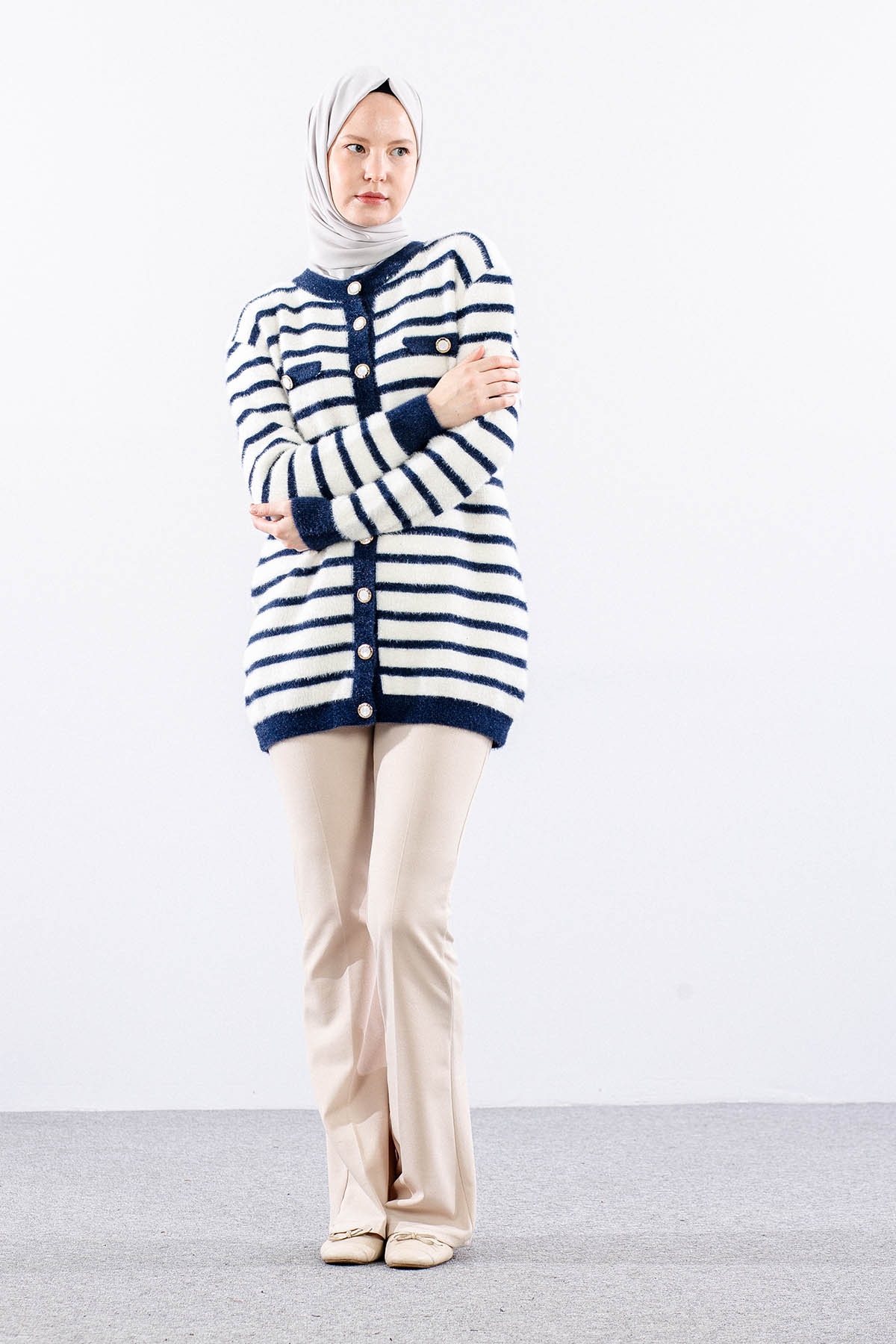 5733 Pelus Hirka Tek Cizgili - Lacivert_krem - 2