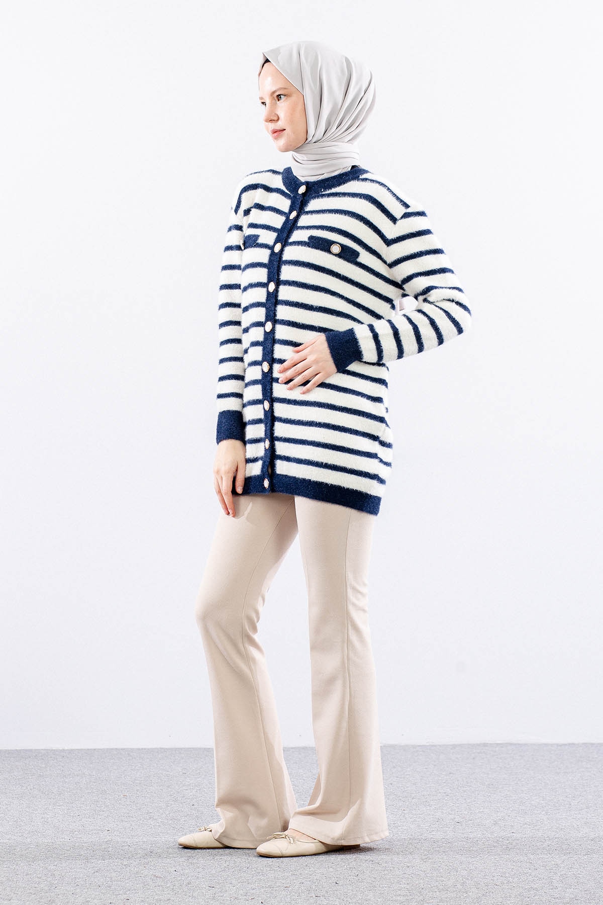 5733 Pelus Hirka Tek Cizgili - Lacivert_krem - 4