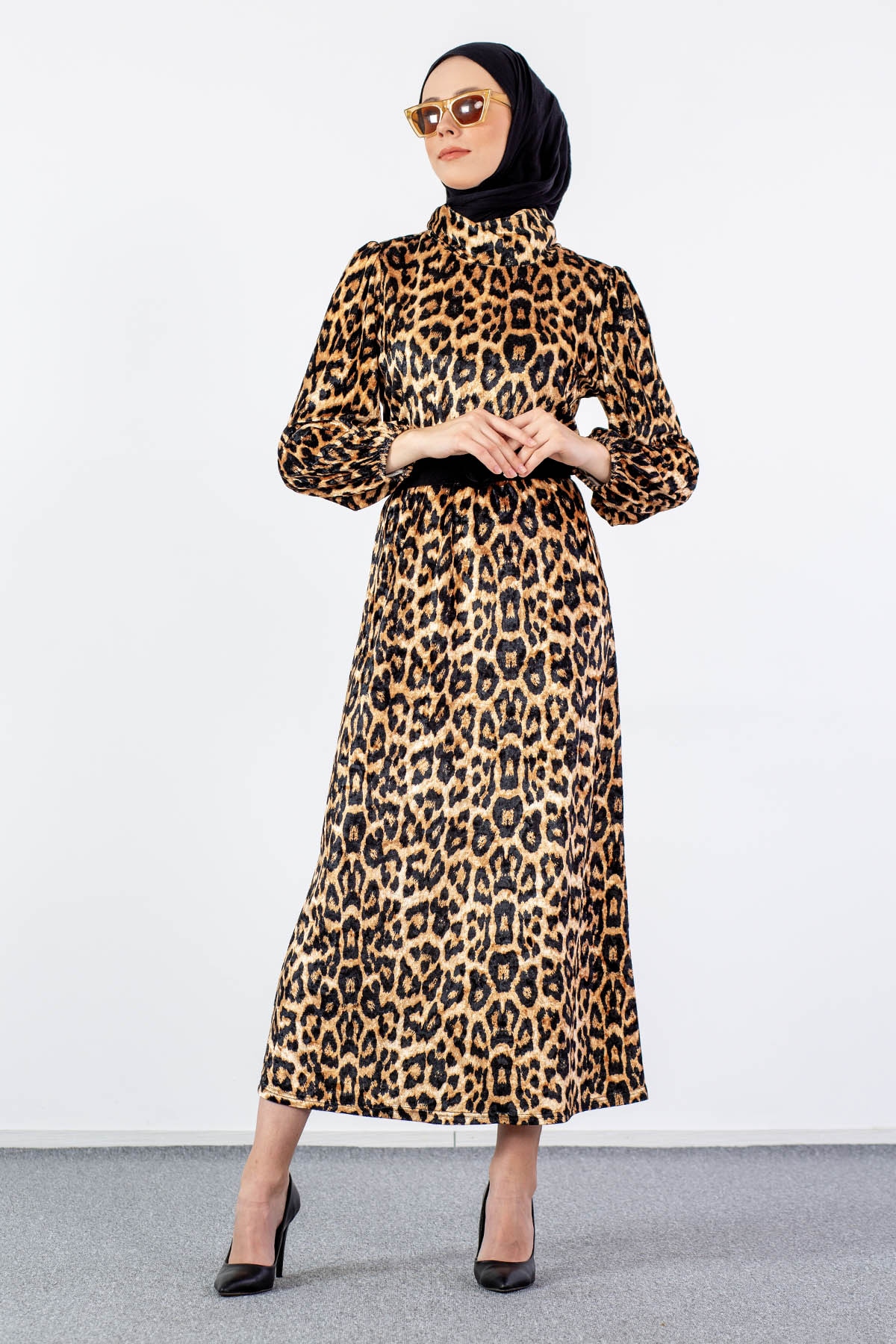 5809 Leopar Elbise 38-46 - Siyah - 1