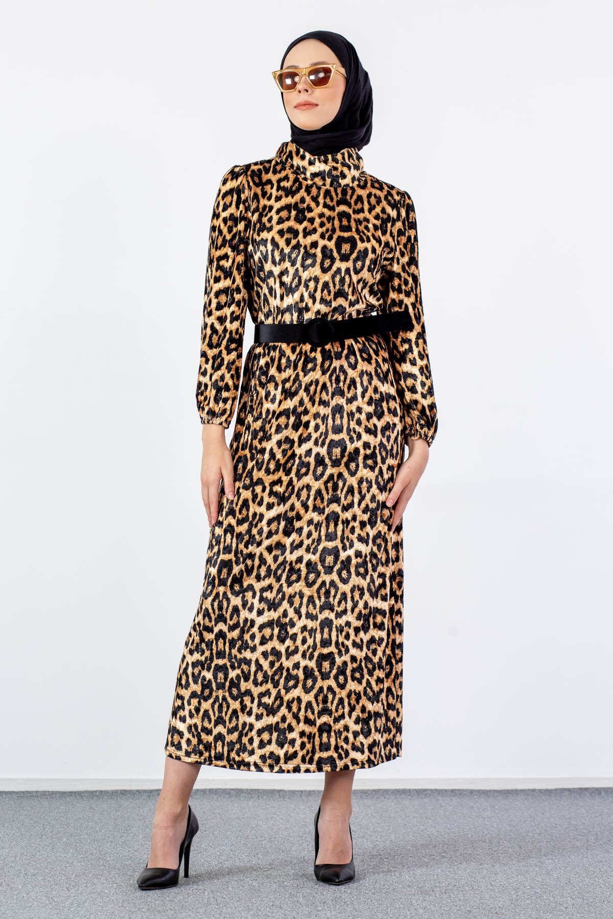 5809 Leopar Elbise 38-46 - Siyah - 3