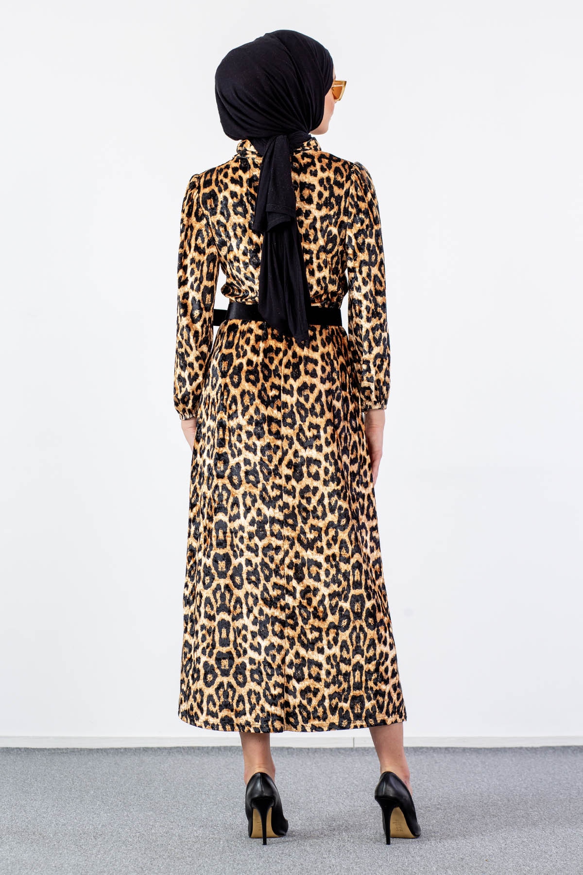 5809 Leopar Elbise 38-46 - Siyah - 5