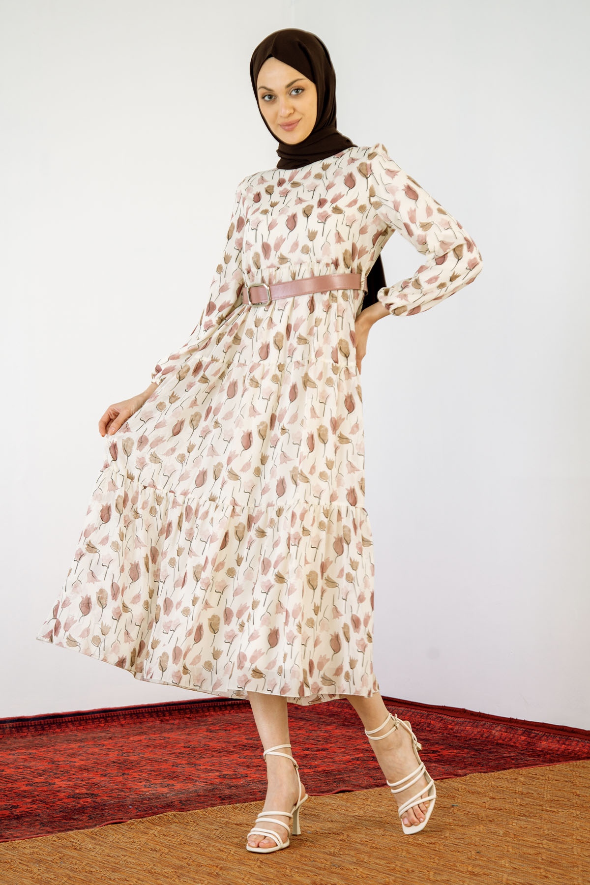 5840 Lale Des. Elbise 38-44 - Pudra - 2