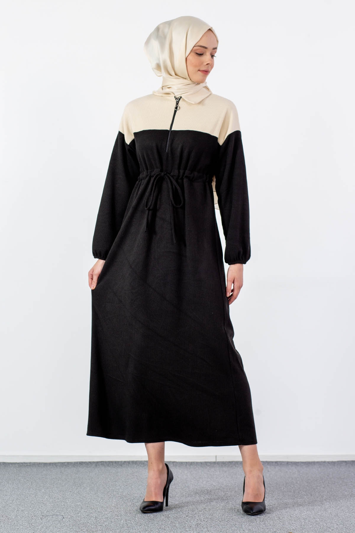 5903 Elbise 1-2-3 - Siyah_bej - 1