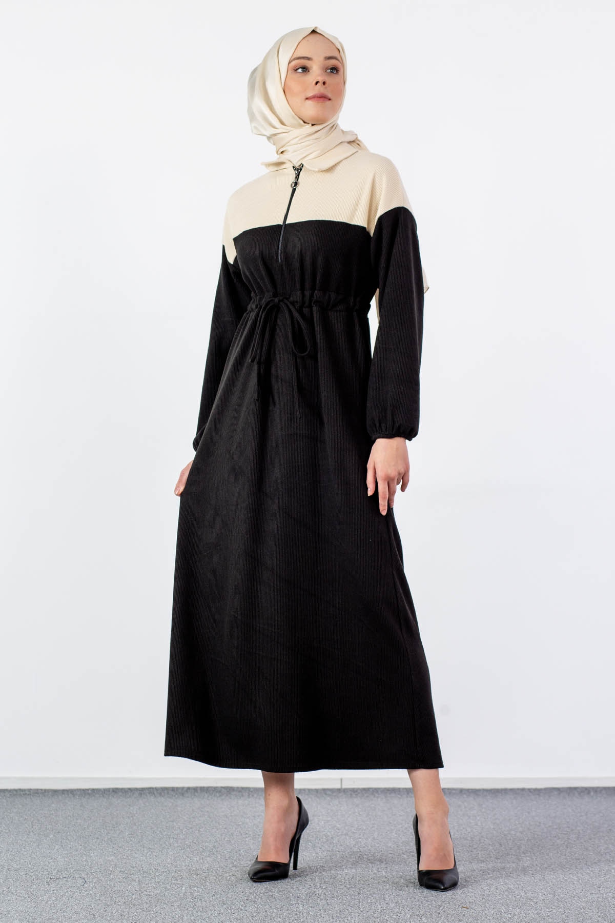 5903 Elbise 1-2-3 - Siyah_bej - 2