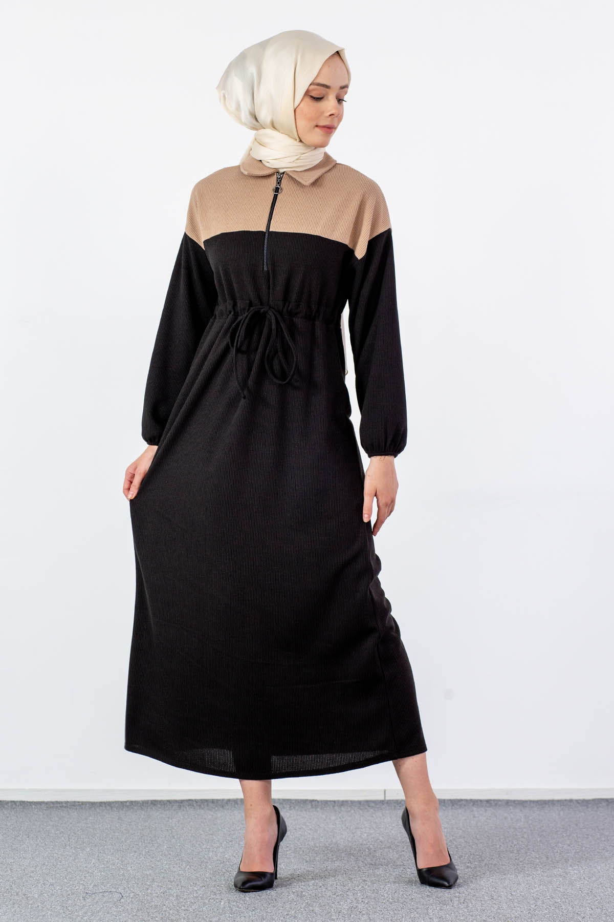 5903 Elbise 1-2-3 - Siyah_vizon - 2