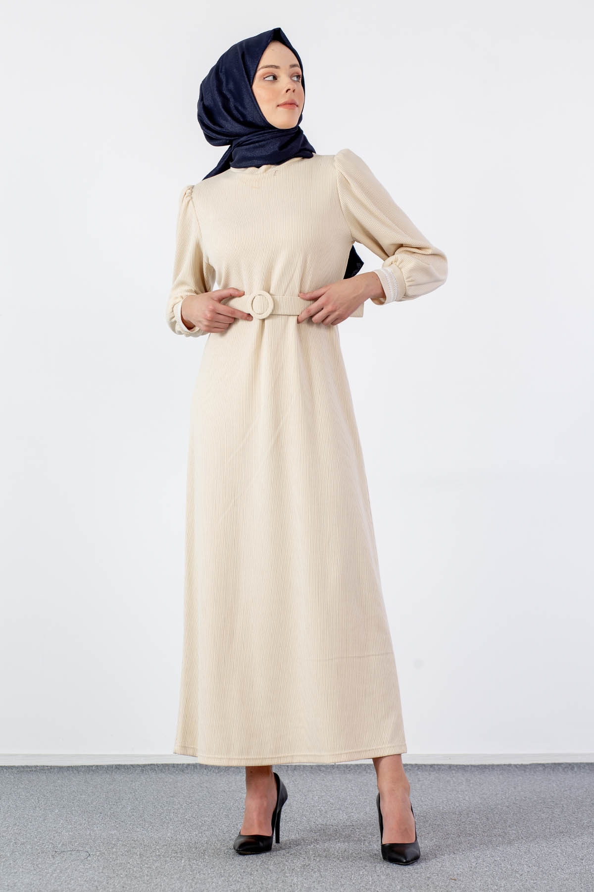 5904 Elbise 38-46 - Krem - 2