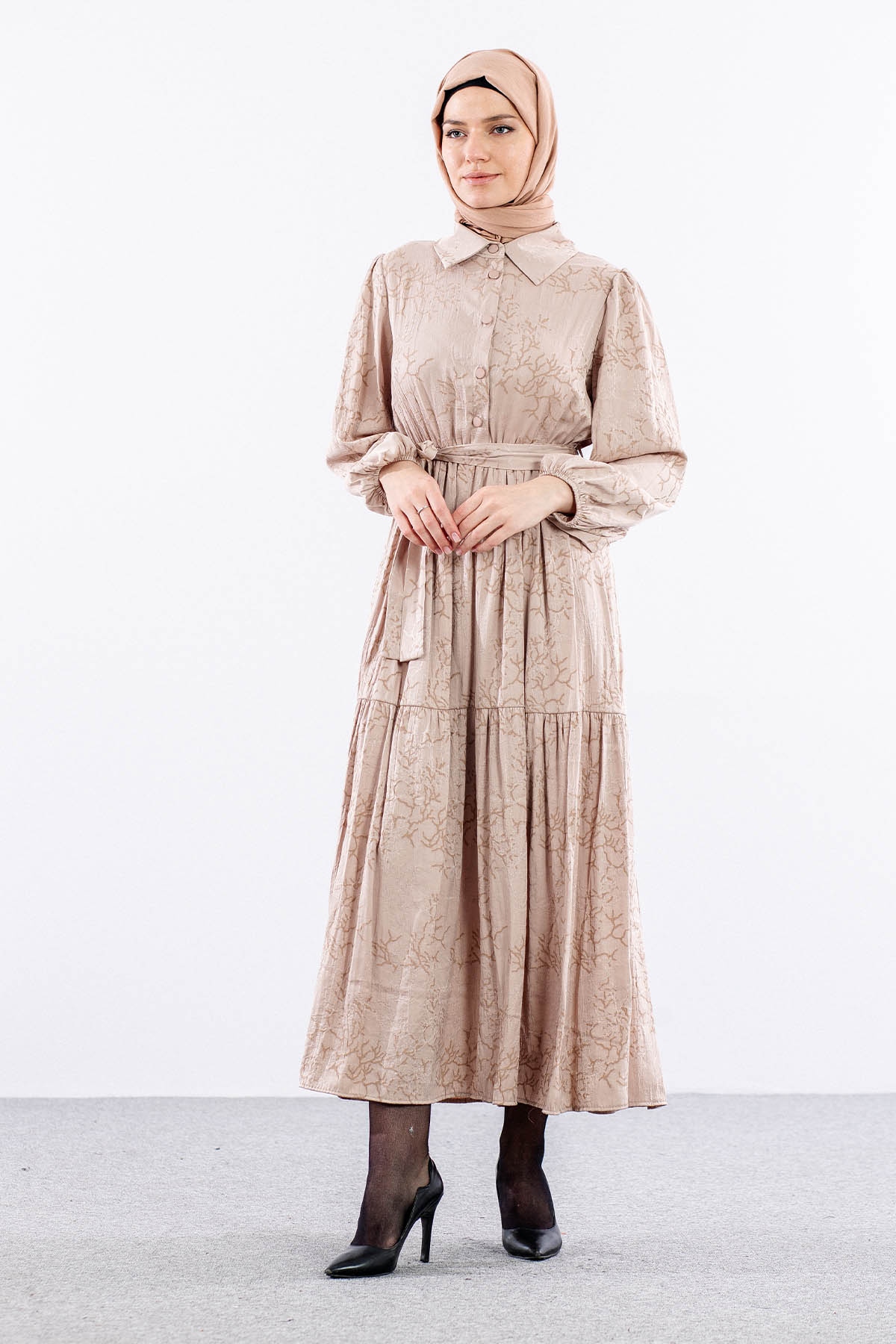 5916 çiçek Jakar Elbise 38-44 Saten - Bej - 1