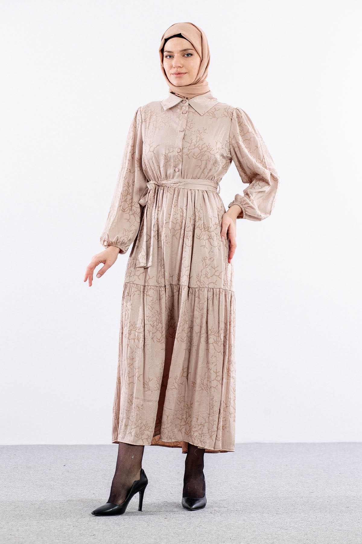 5916 çiçek Jakar Elbise 38-44 Saten - Bej - 2