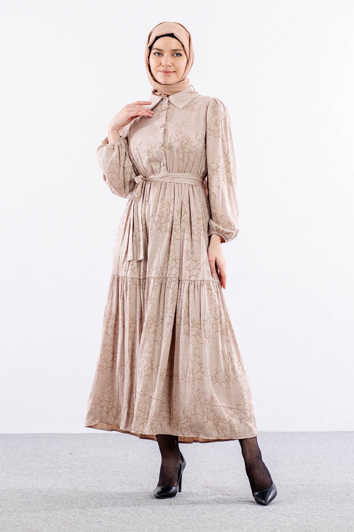 5916 çiçek Jakar Elbise 38-44 Saten - Bej - 3