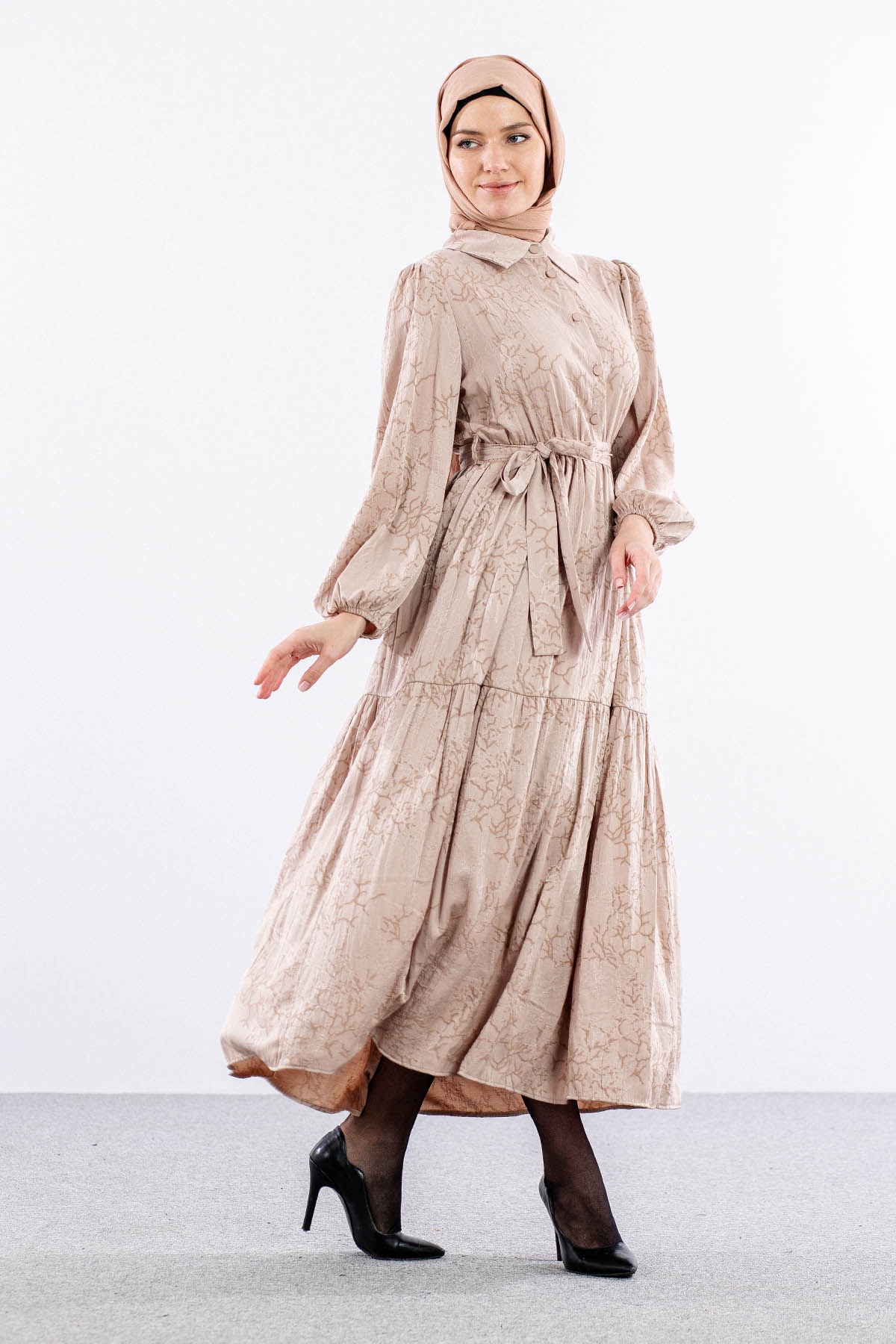 5916 çiçek Jakar Elbise 38-44 Saten - Bej - 4