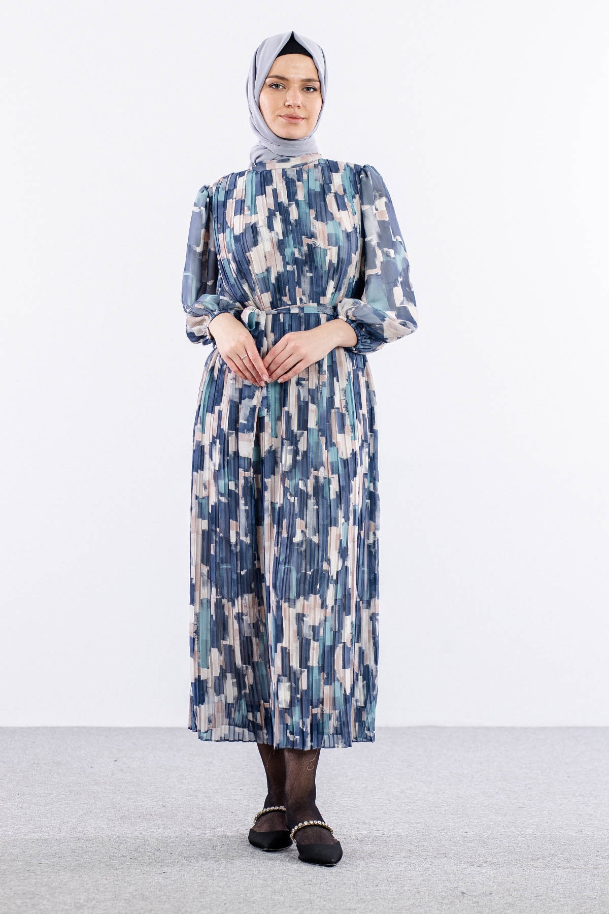 5916 çiçek Jakar Elbise 38-44 Saten - Lacivert - 1