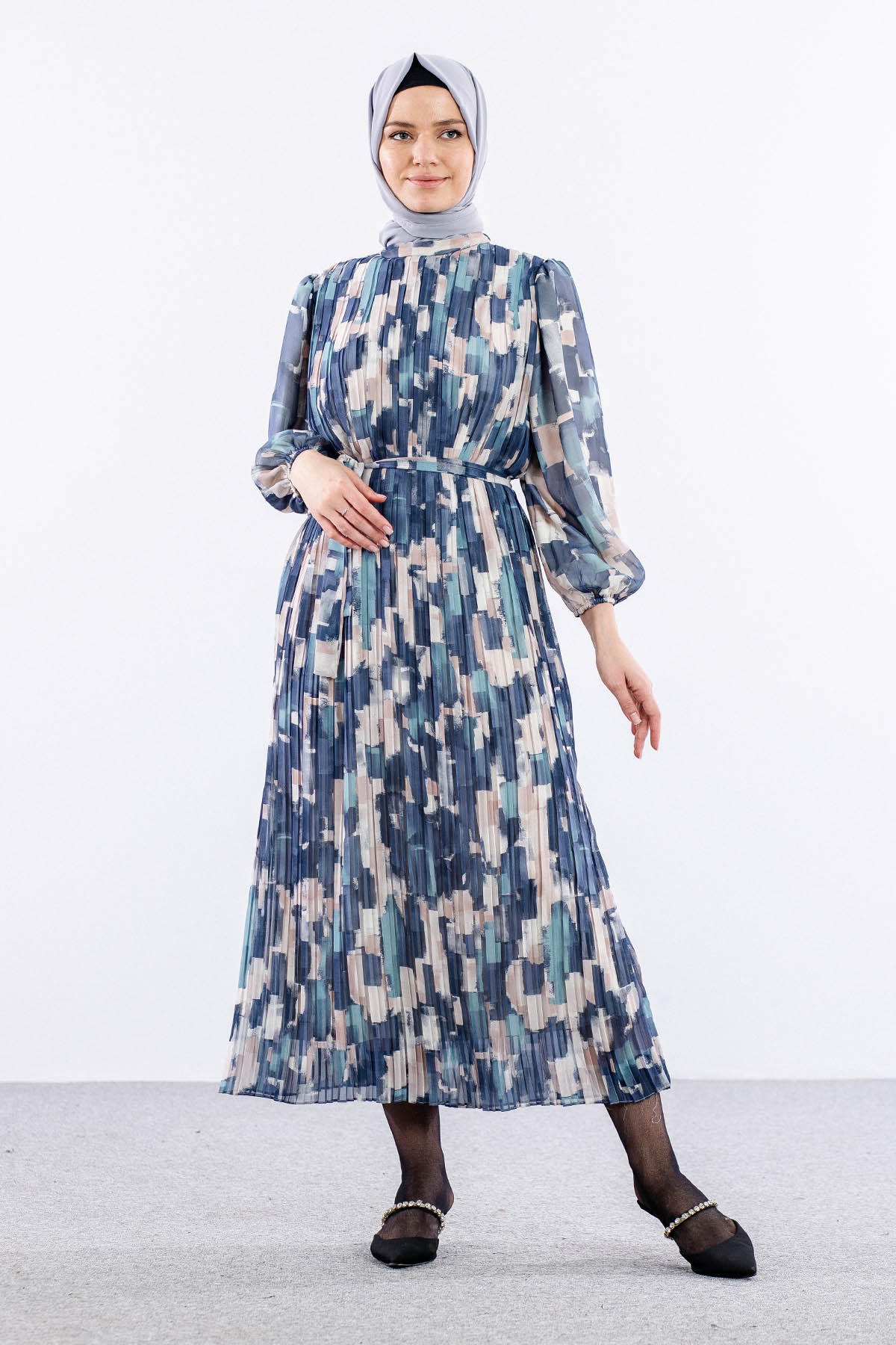 5916 çiçek Jakar Elbise 38-44 Saten - Lacivert - 2