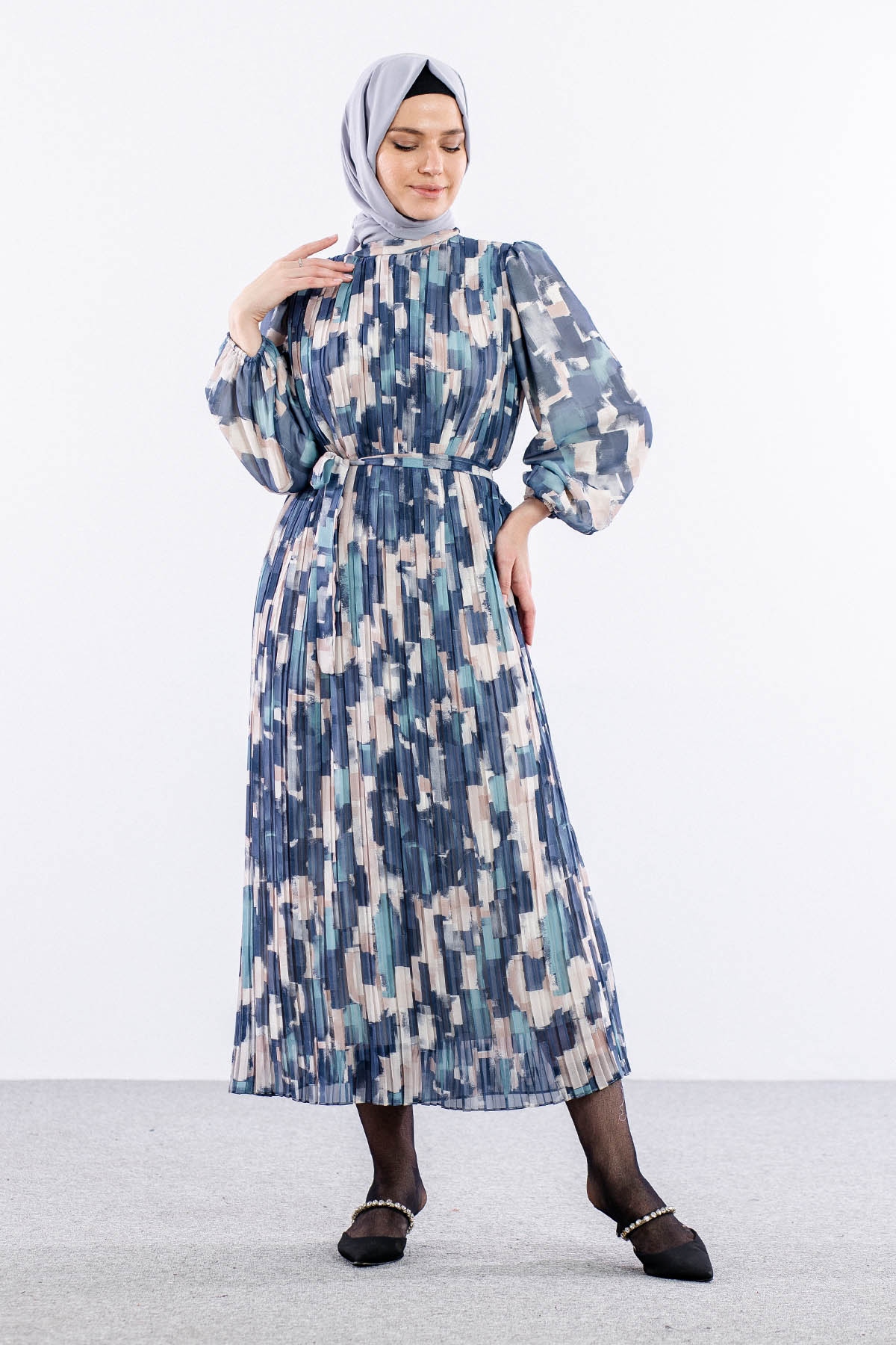 5916 çiçek Jakar Elbise 38-44 Saten - Lacivert - 3