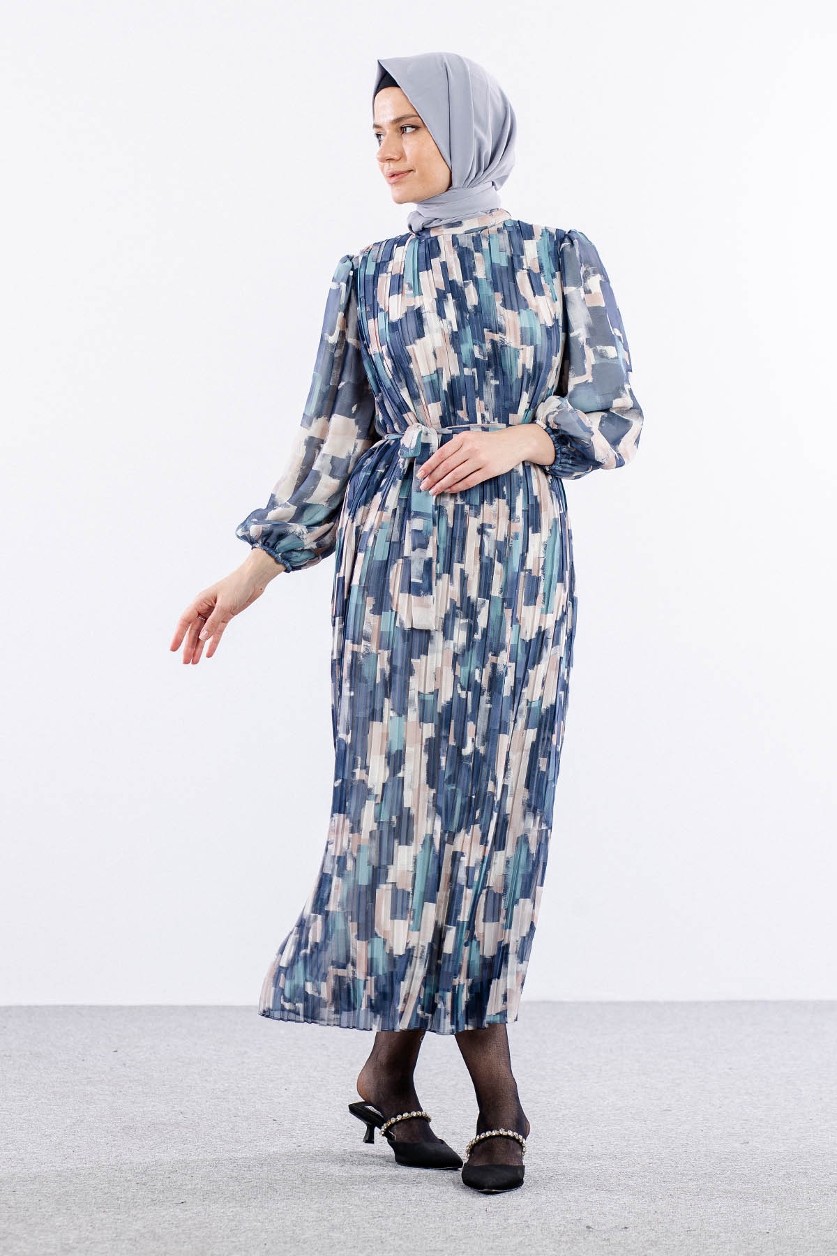 5916 çiçek Jakar Elbise 38-44 Saten - Lacivert - 4