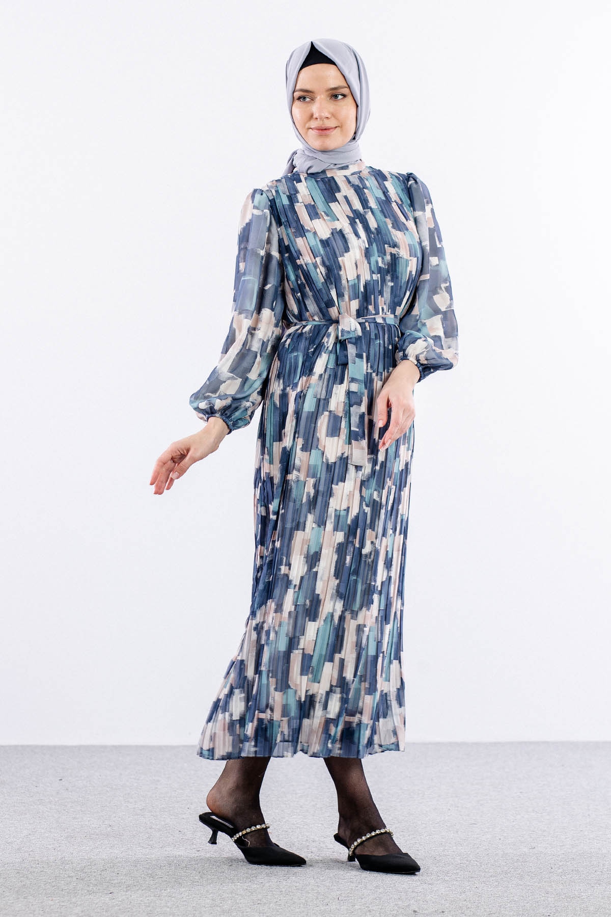 5916 çiçek Jakar Elbise 38-44 Saten - Lacivert - 5