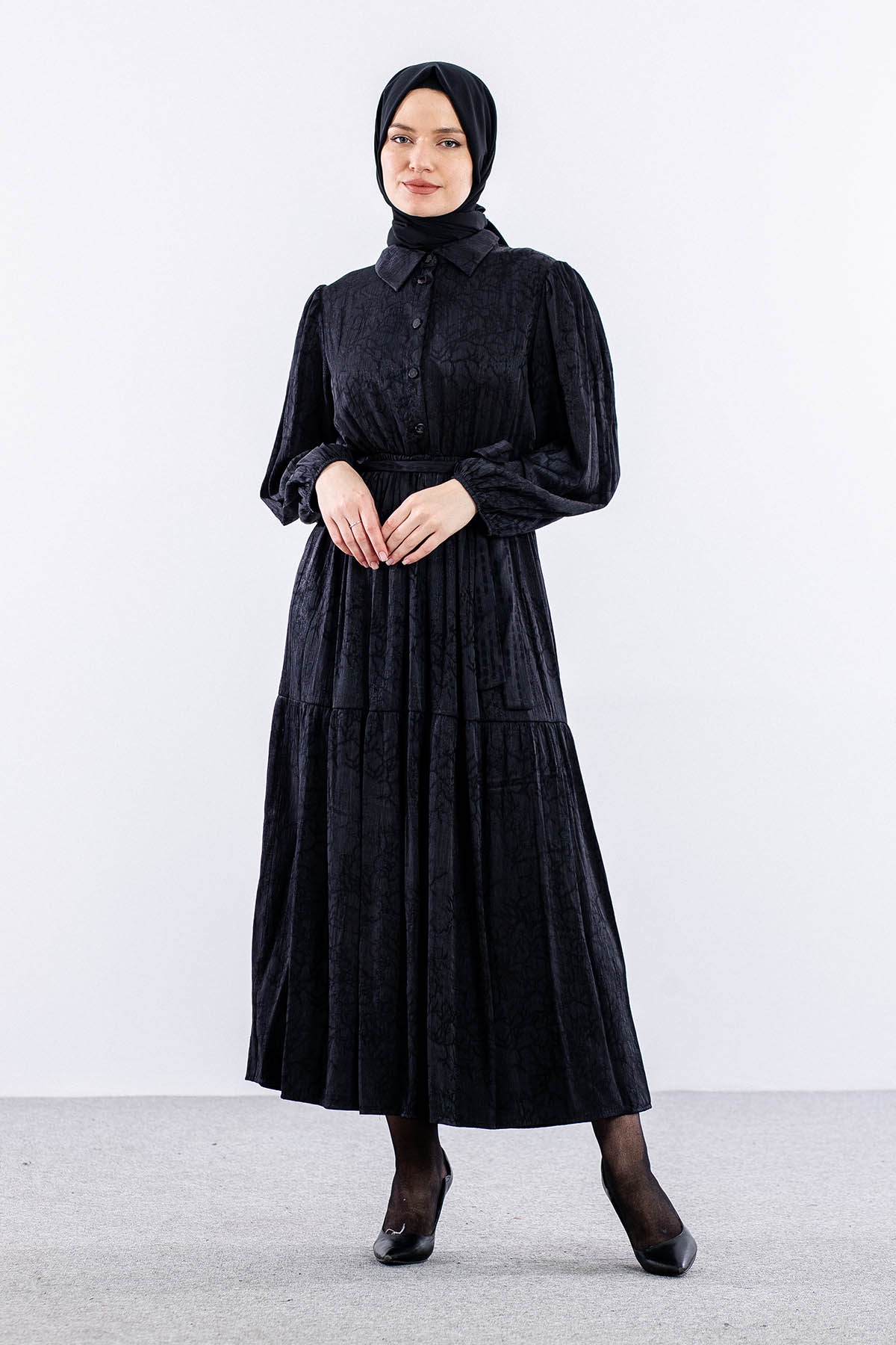 5916 çiçek Jakar Elbise 38-44 Saten - Siyah - 1