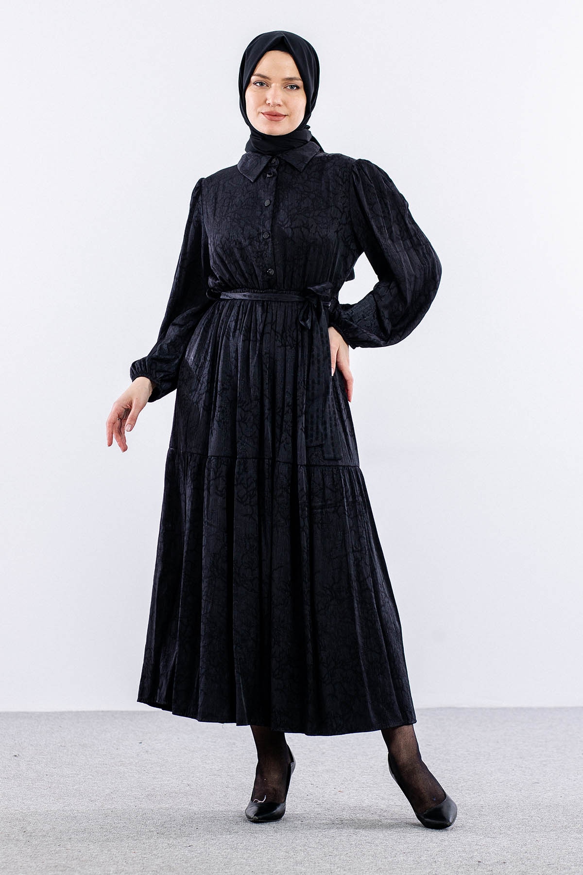 5916 çiçek Jakar Elbise 38-44 Saten - Siyah - 2