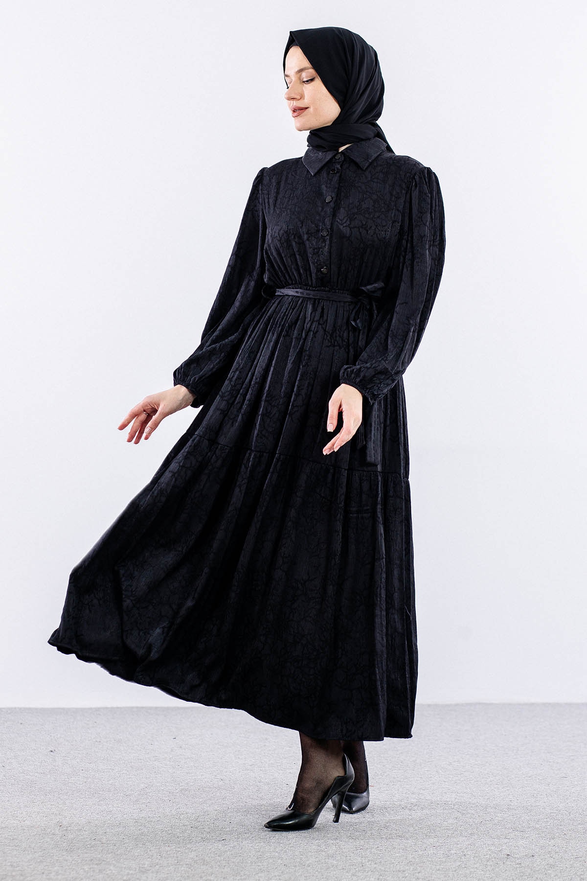 5916 çiçek Jakar Elbise 38-44 Saten - Siyah - 3