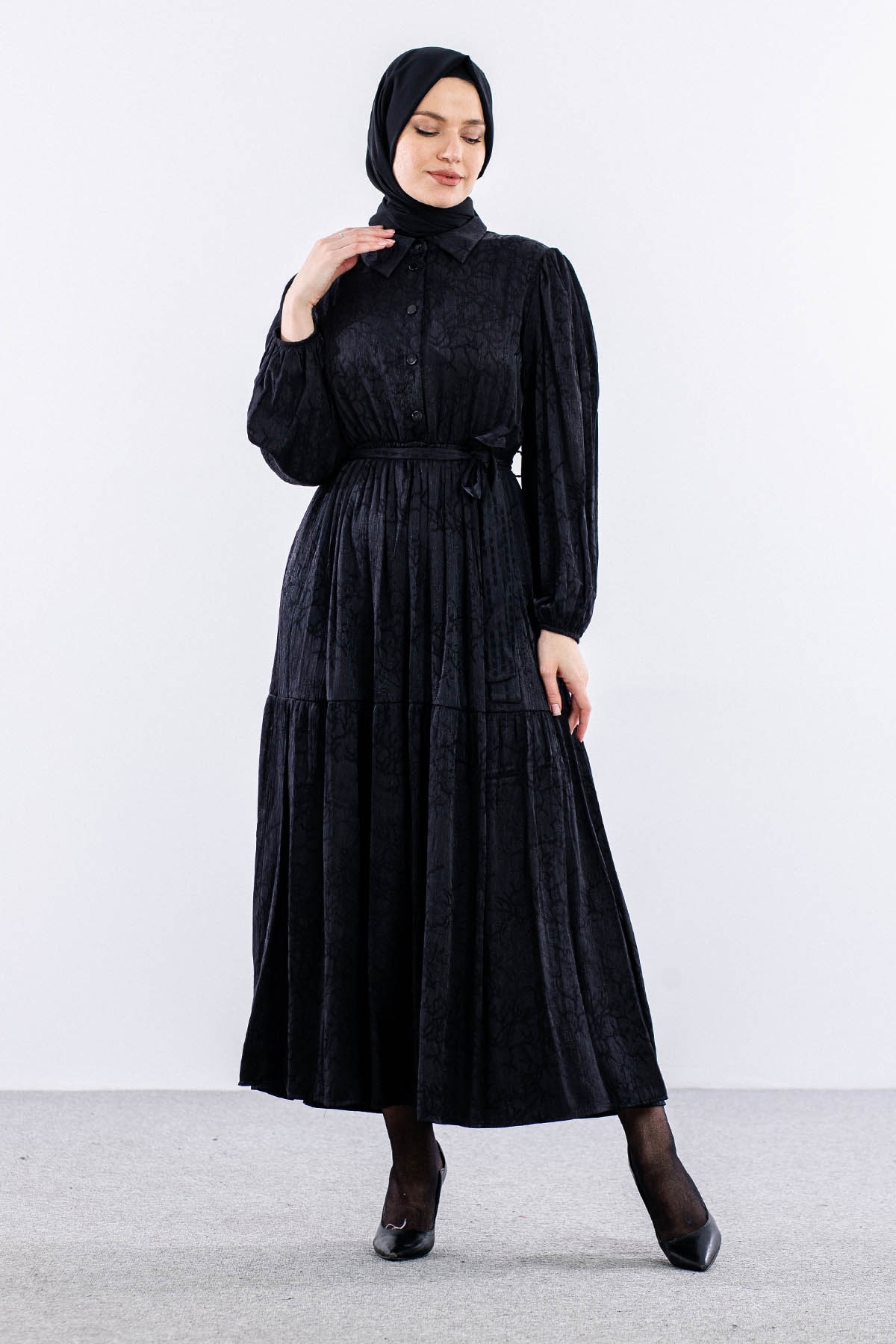 5916 çiçek Jakar Elbise 38-44 Saten - Siyah - 4