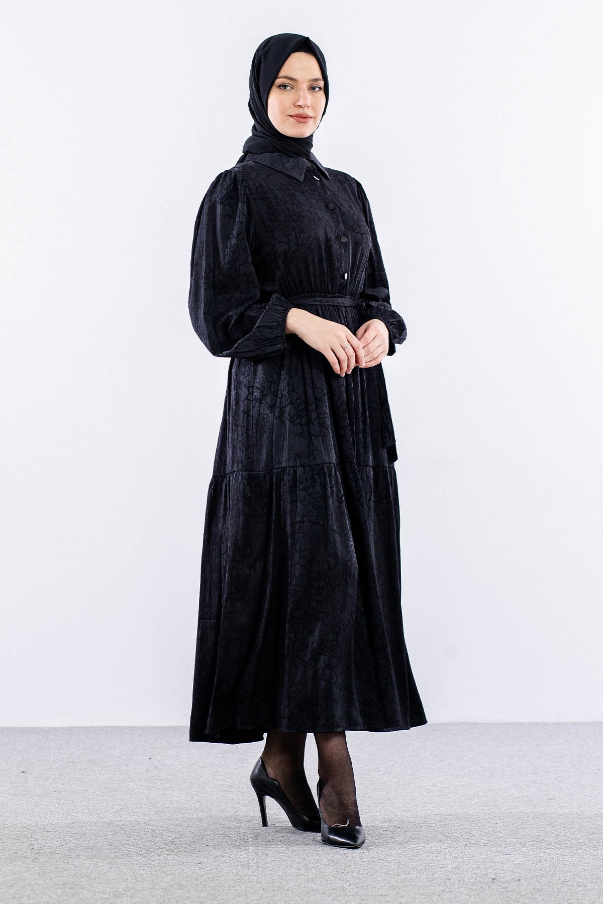 5916 çiçek Jakar Elbise 38-44 Saten - Siyah - 5