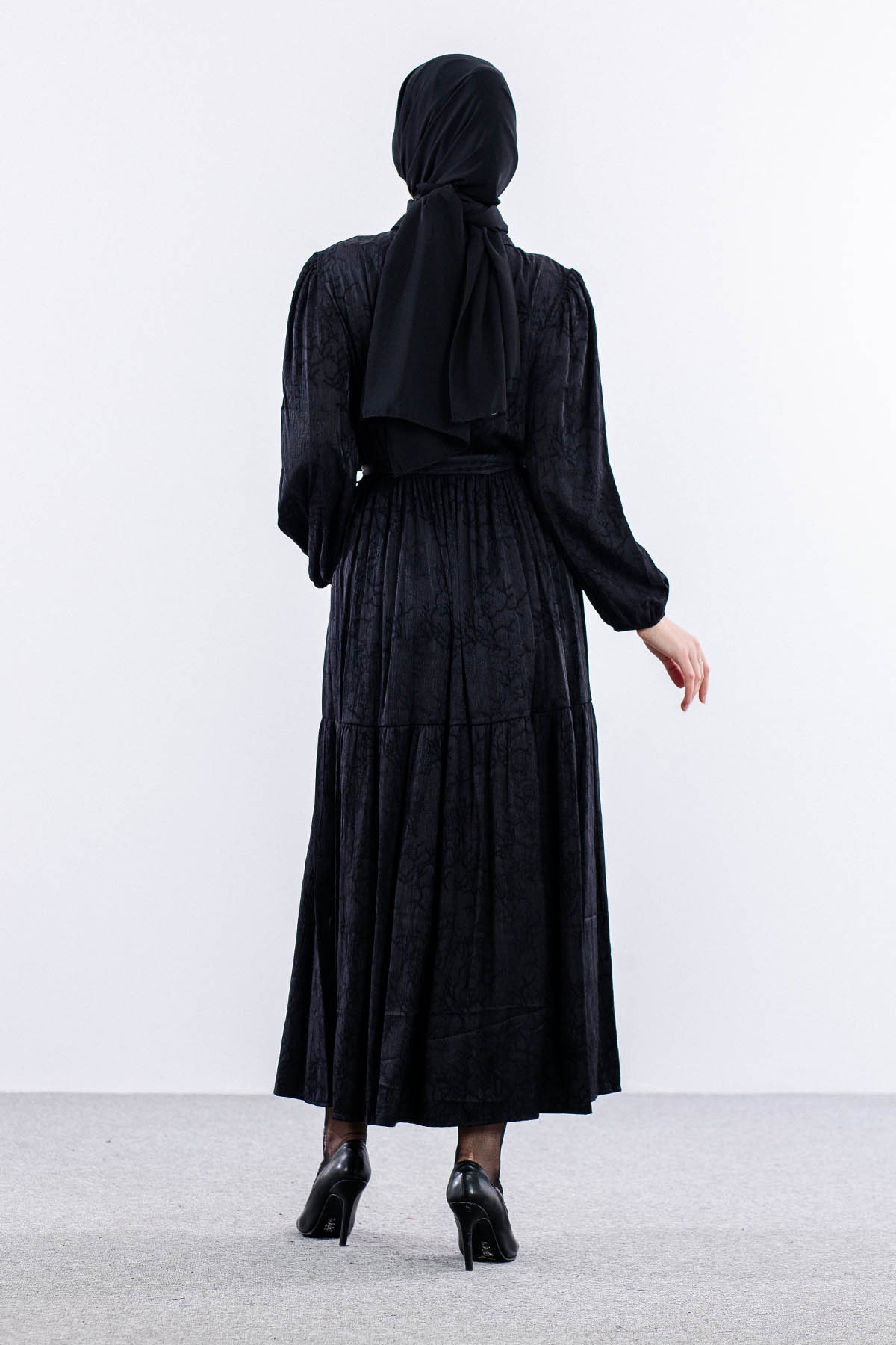 5916 çiçek Jakar Elbise 38-44 Saten - Siyah - 6