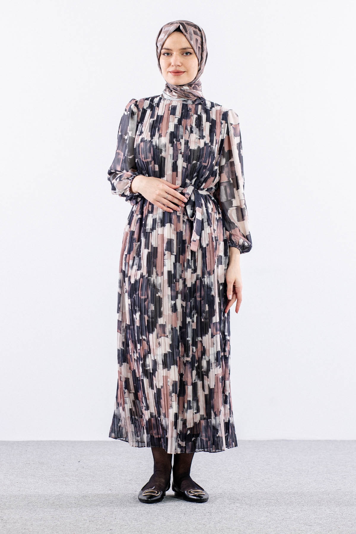 5916 şifon Plise Elbise 1-2 Genç - Siyah_krem - 1