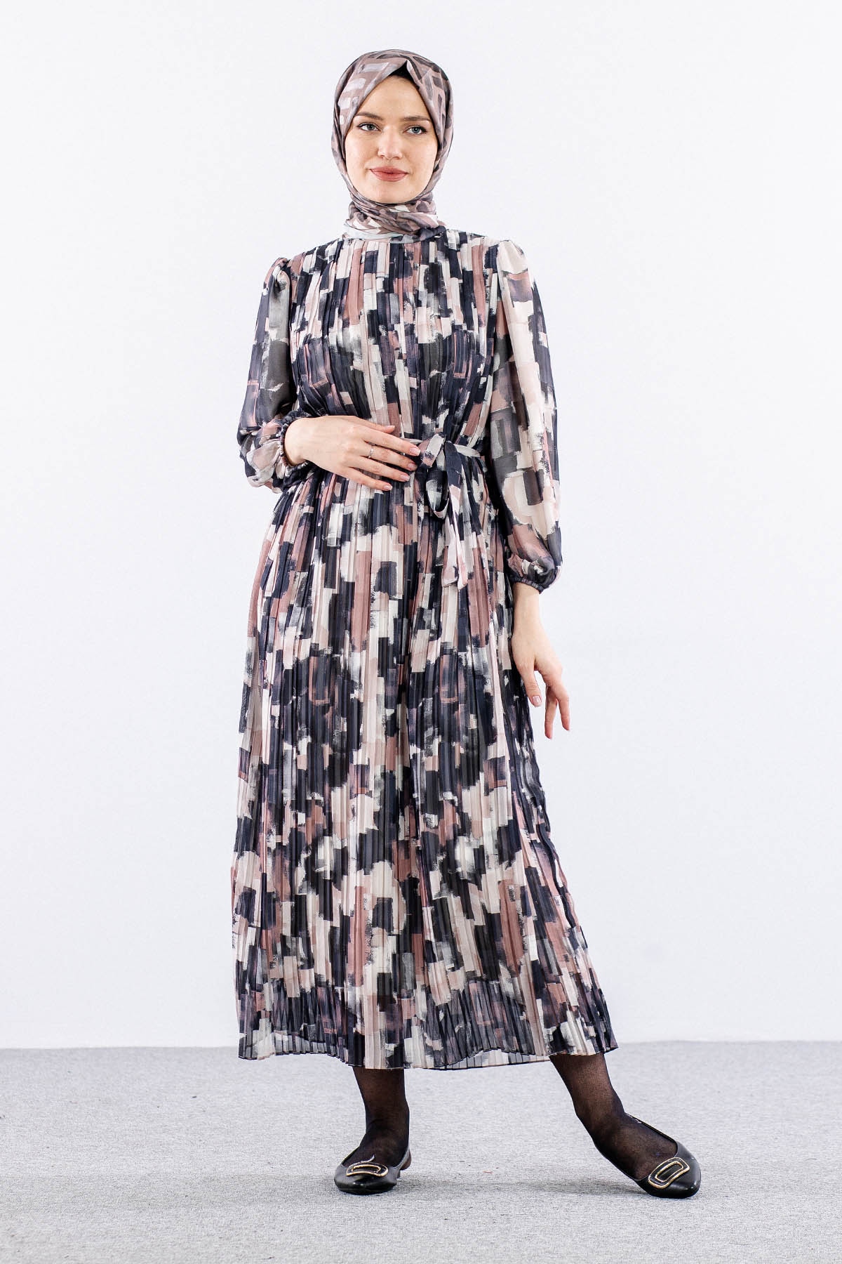 5916 şifon Plise Elbise 1-2 Genç - Siyah_krem - 2