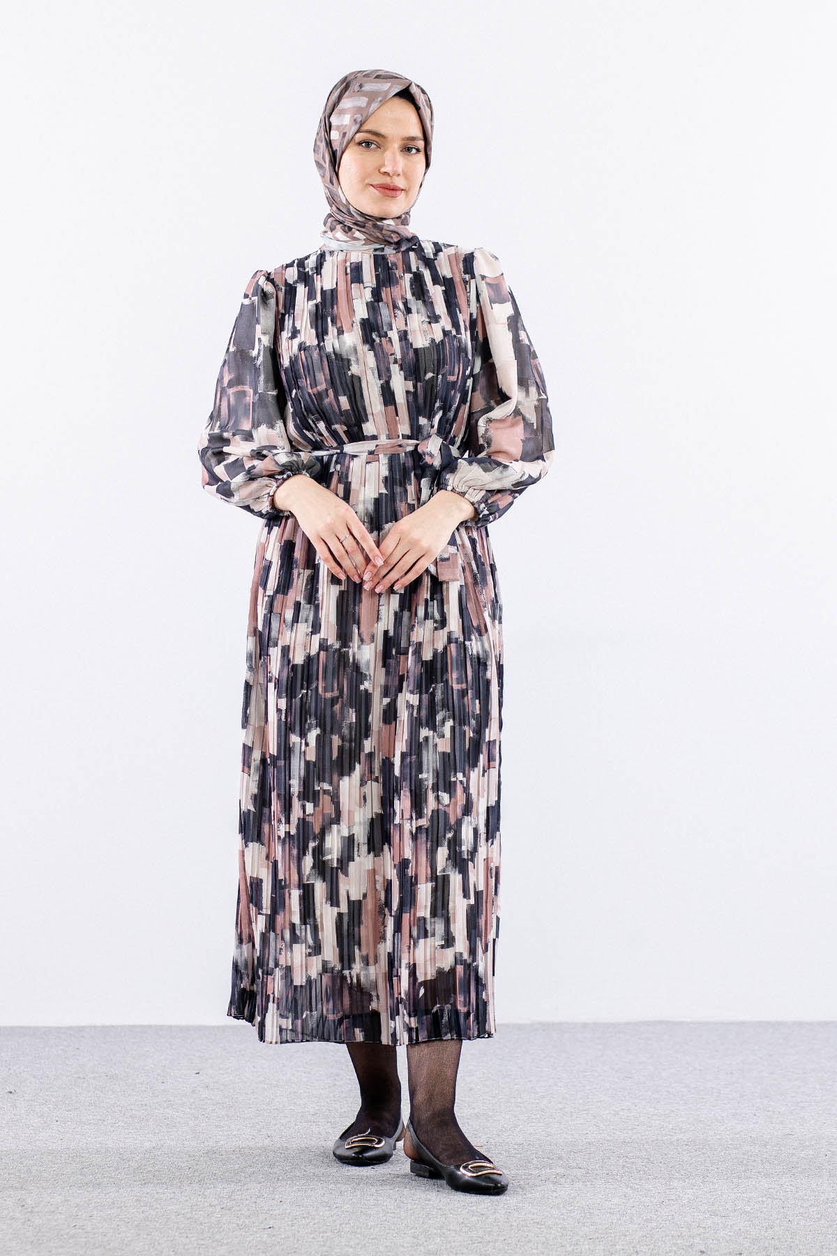 5916 şifon Plise Elbise 1-2 Genç - Siyah_krem - 3