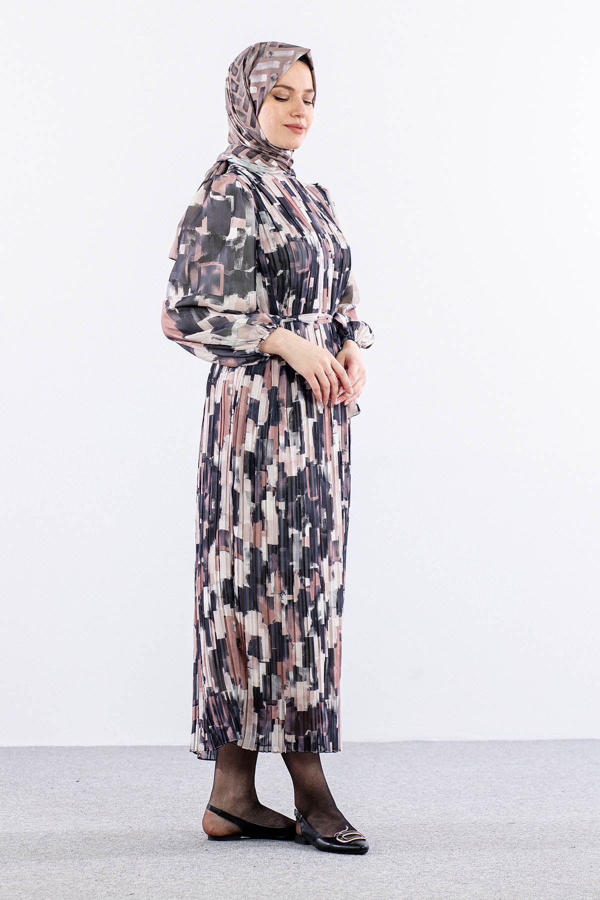 5916 şifon Plise Elbise 1-2 Genç - Siyah_krem - 4