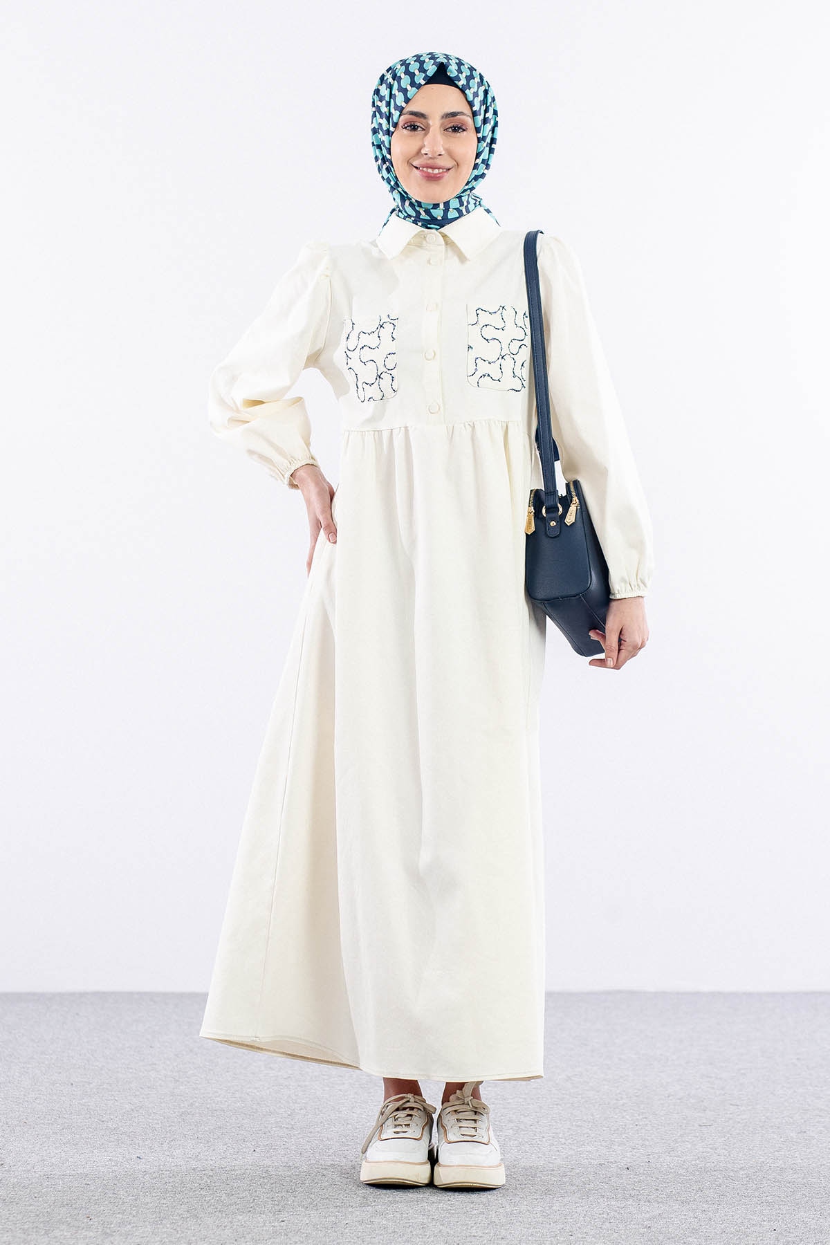 5926 Denim Elbise 38-44 - Krem - 1