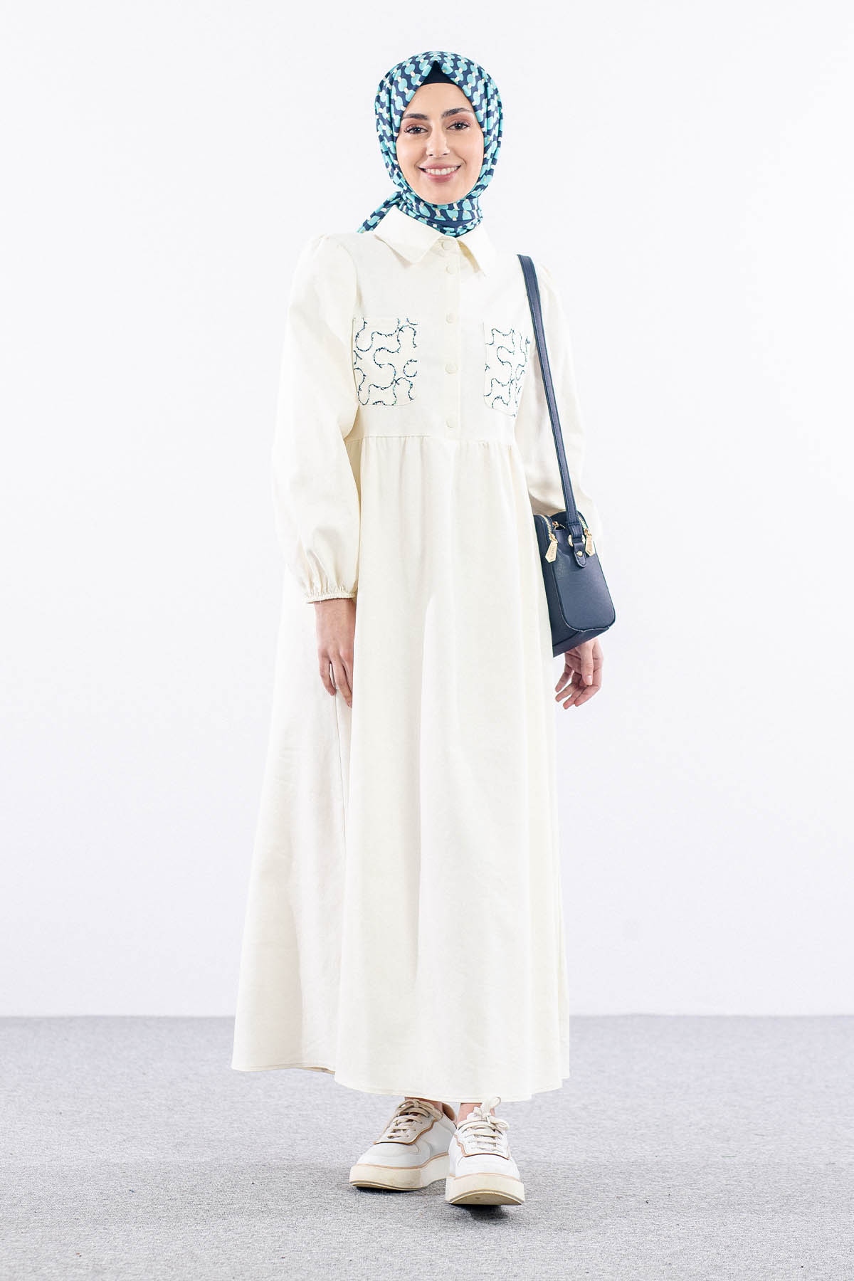 5926 Denim Elbise 38-44 - Krem - 2