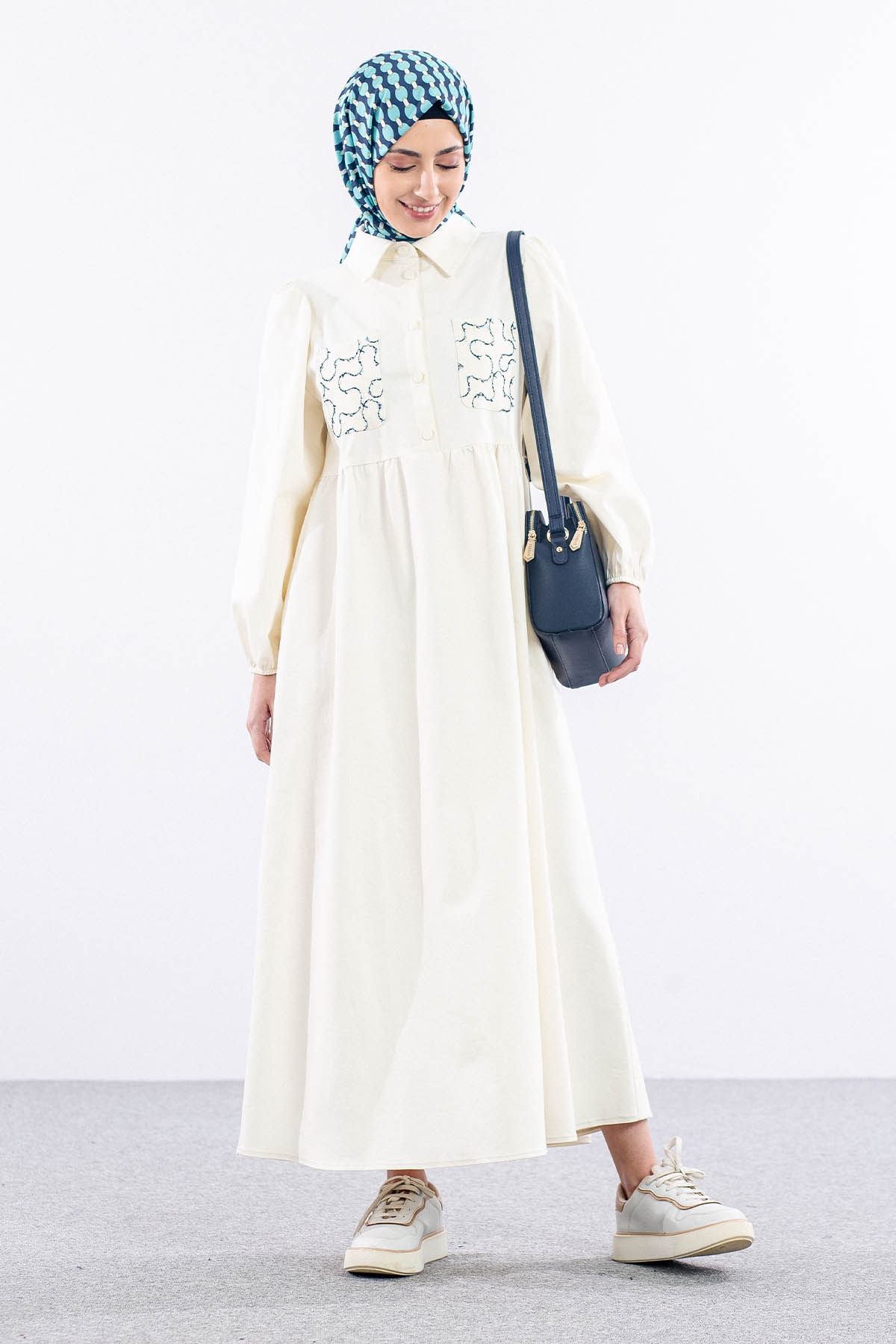 5926 Denim Elbise 38-44 - Krem - 3