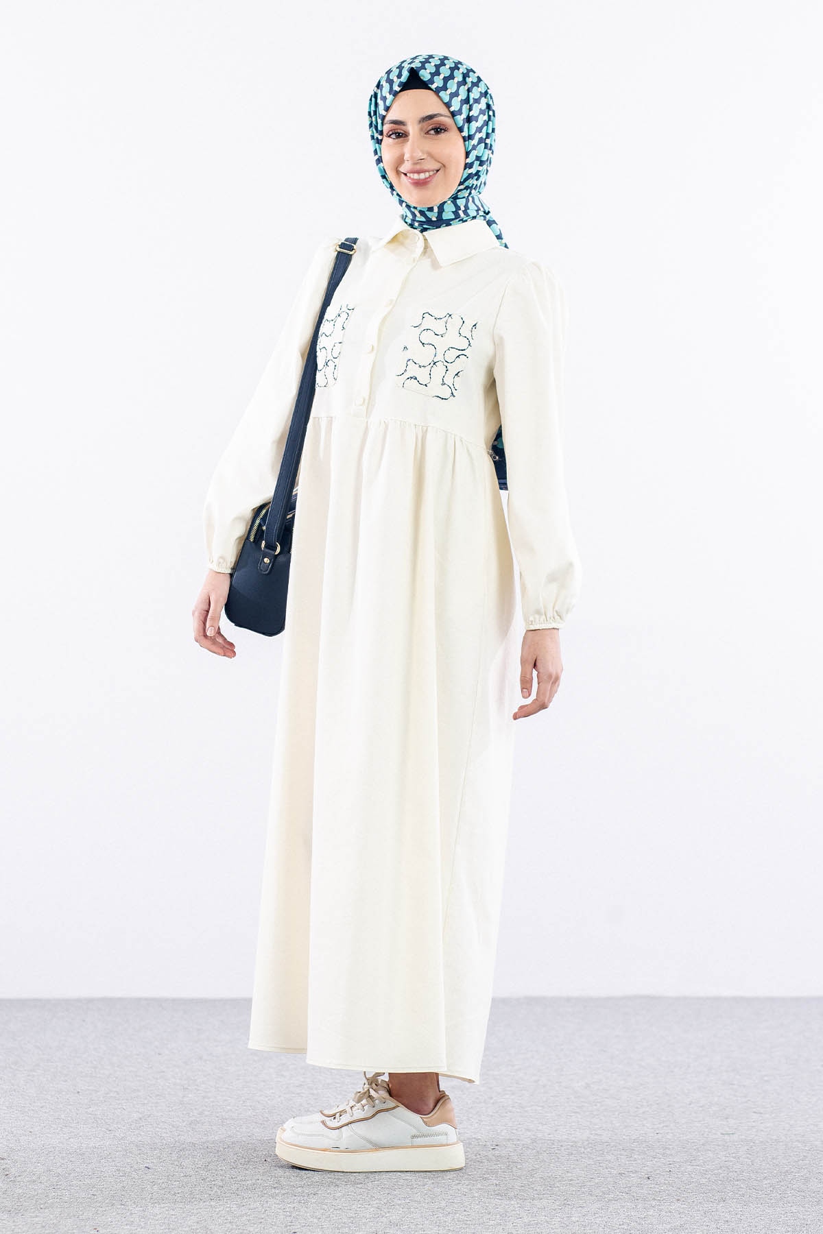 5926 Denim Elbise 38-44 - Krem - 4