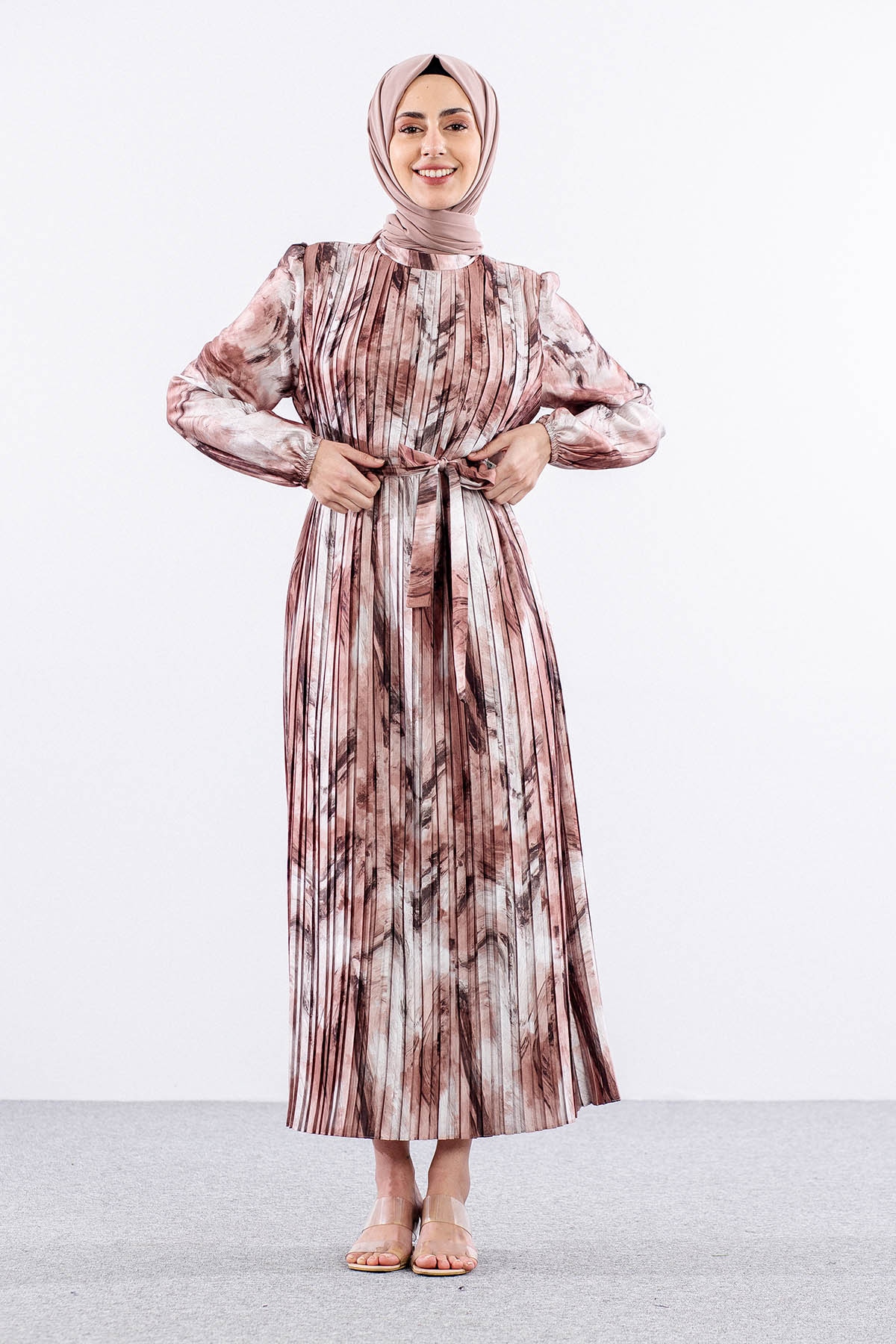 5936 Plise Elbise 1-1-2-2 - Kahve - 1