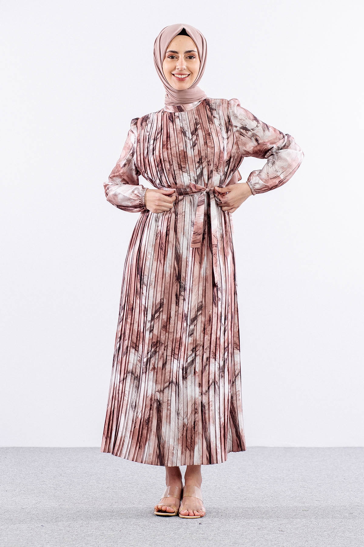 5936 Plise Elbise 1-1-2-2 - Kahve - 2