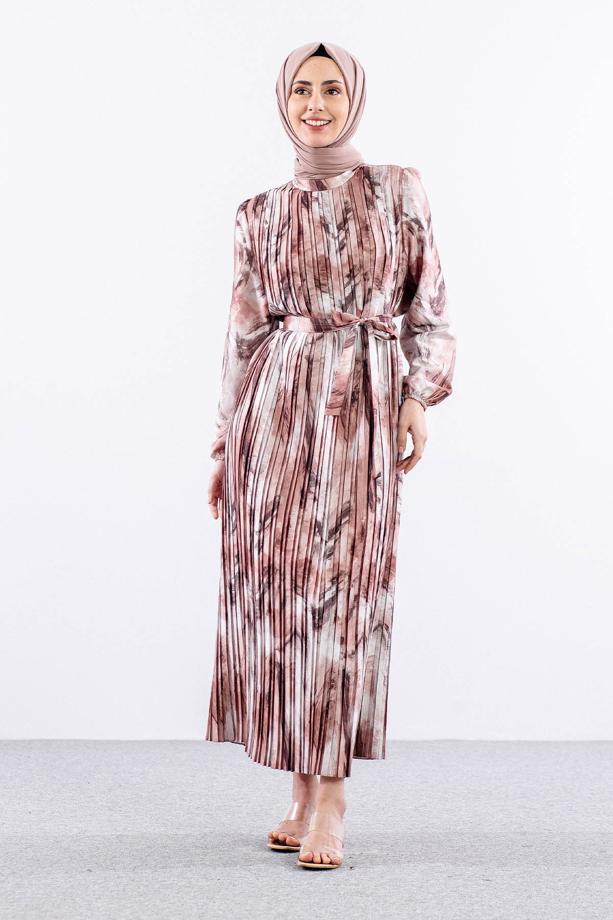 5936 Plise Elbise 1-1-2-2 - Kahve - 3